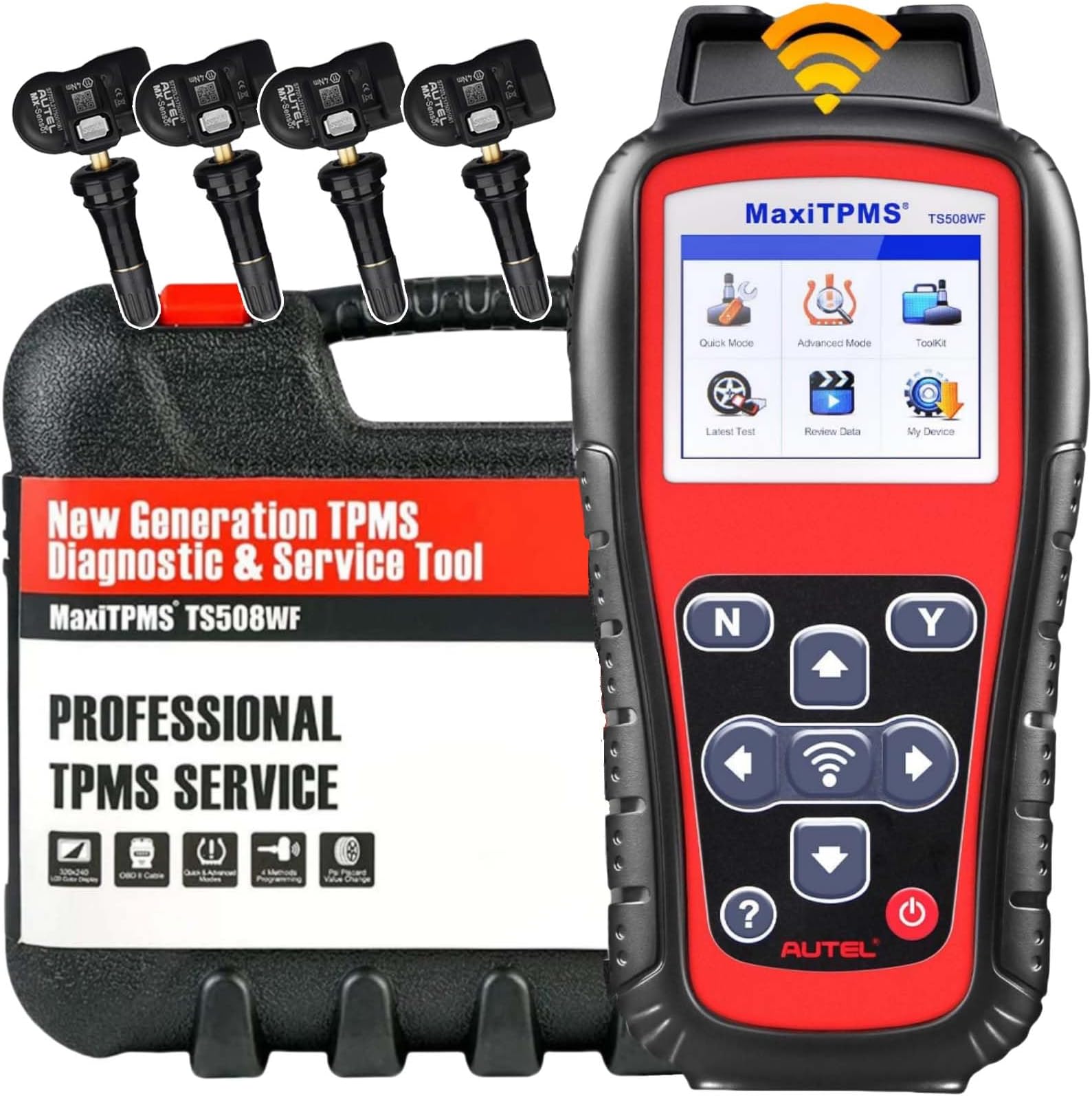 MaxiTPMS TS508WF Complete with 4 pcs Duel Frequency Rubber MX Sensor, MX Sensor Programming TPMS Diagnostic OBD Relearn Activate Read Copy TPMS Sensor Read/Clear TPMS DTCs, Better TS501 Pro