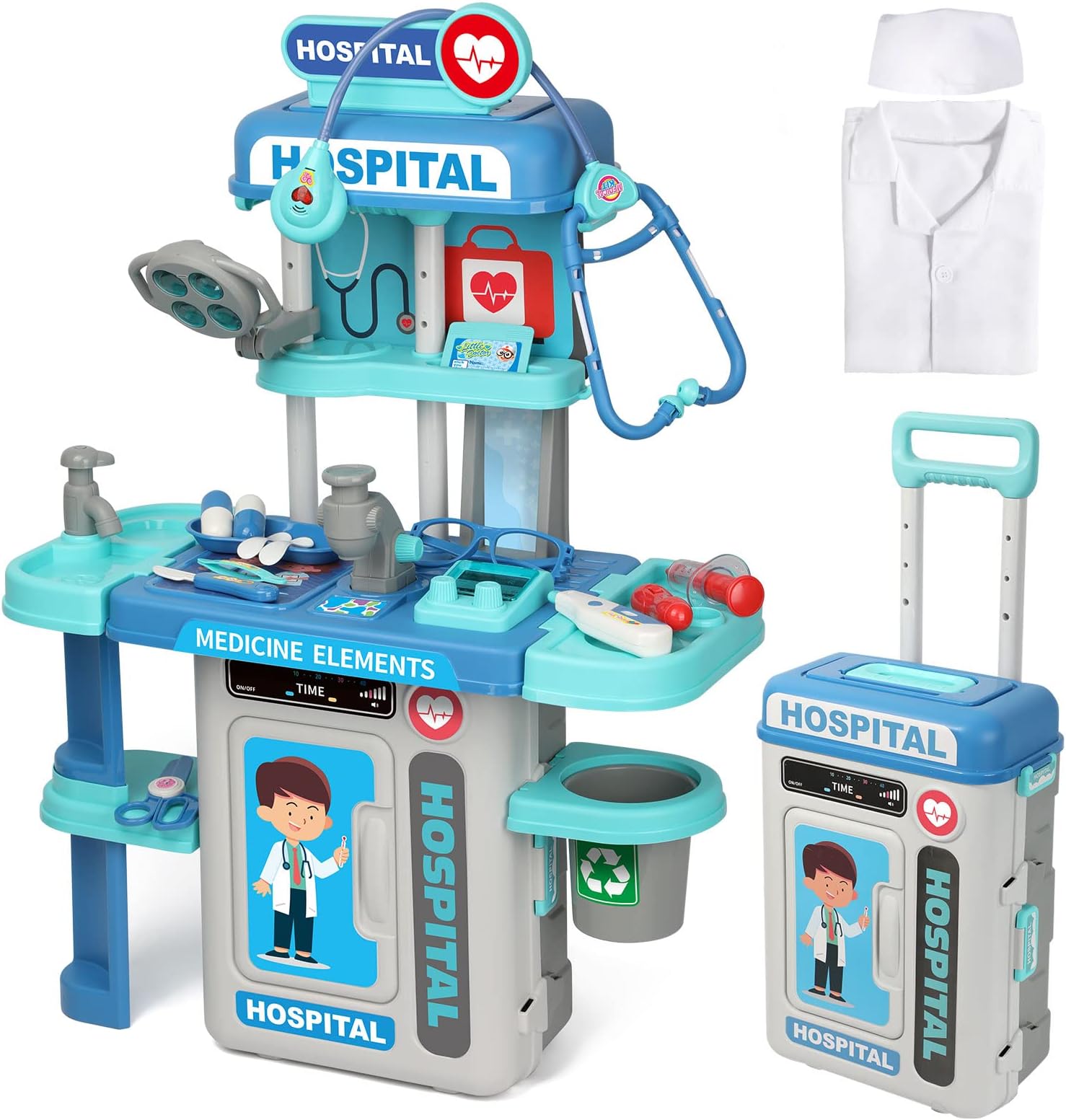Doctor Kit for Toddlers Aged 3 4 5, 2 in 1 Kids Doctor Playset with Costume, Stethoscope and Surgical Light, Pretend Medical Station Set Toy Gift for Boys Girls