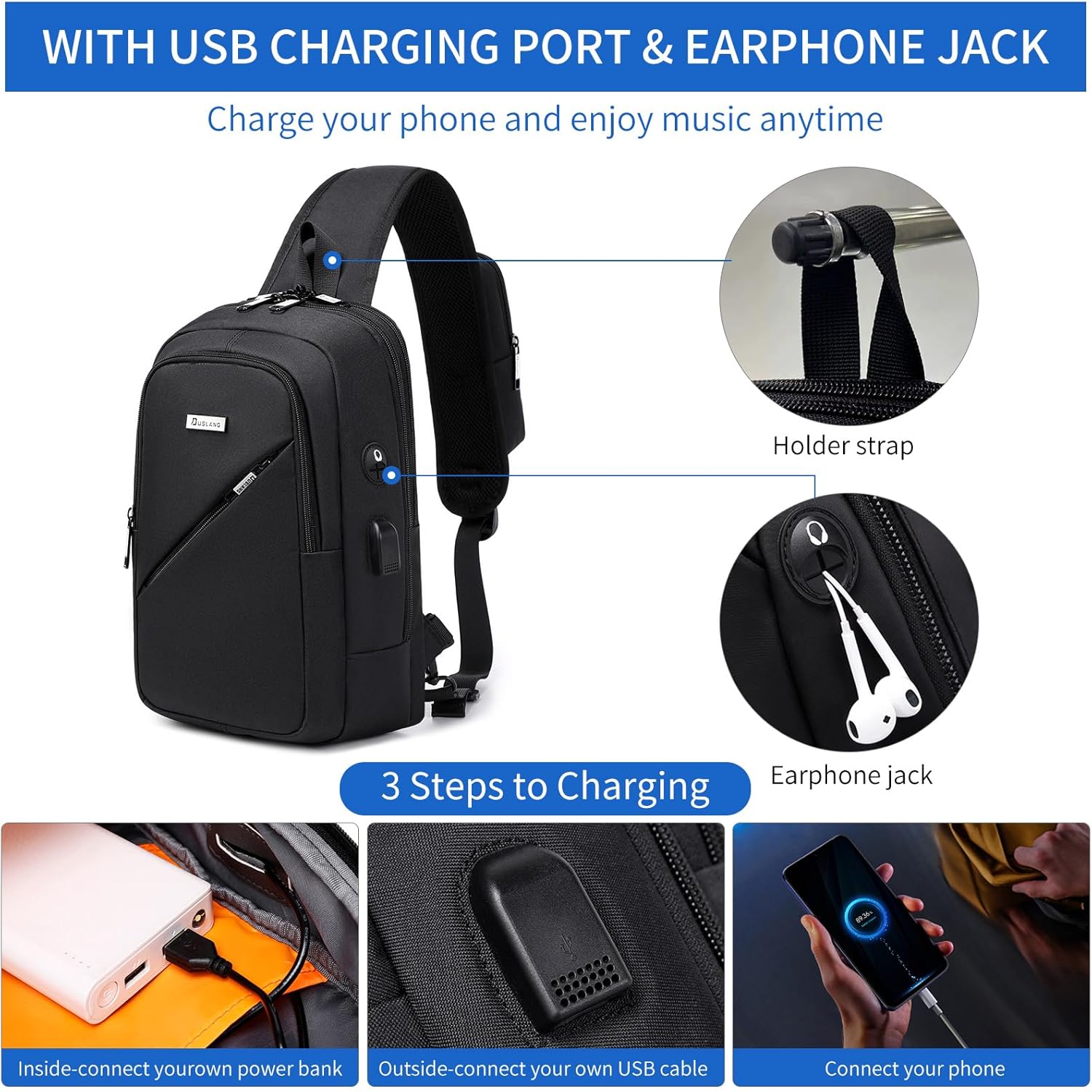 DUSLANG Crossbody Sling Backpacks for Men, Casual Shoulder Backpack Daypack Chest Bags with USB Charger Port For Camping Biking Travel Cycling - Image 6