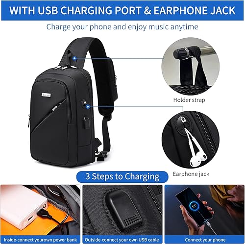 Miniatura 22 de DUSLANG Mochila de hombro para senderismo, bolsa cruzada para hombres, bolsas de pecho con puerto de cargador USB para campamento casual, ciclismo