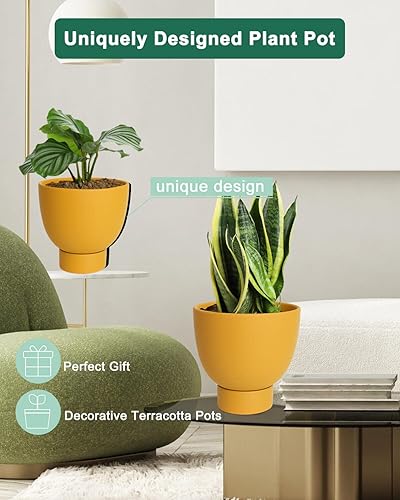 Miniatura 10 de vensovo Maceta de terracota con riego automático, 2 macetas de terracota de 6 y 8 pulgadas con orificio de drenaje y platillo, maceta de arcilla