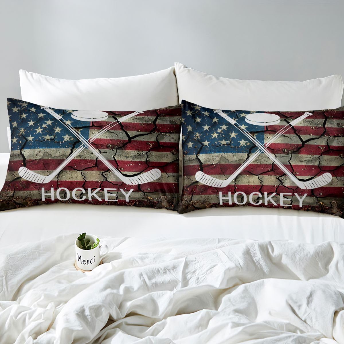 Erosebridal Ice Hockey Bedding Set Twin, American Flag Comforter Cover for Kids Boys Teens, Hockey Sports Game Duvet Cover United States Federations Stars Stripes Retro Bed Set with 1 Pillow Case