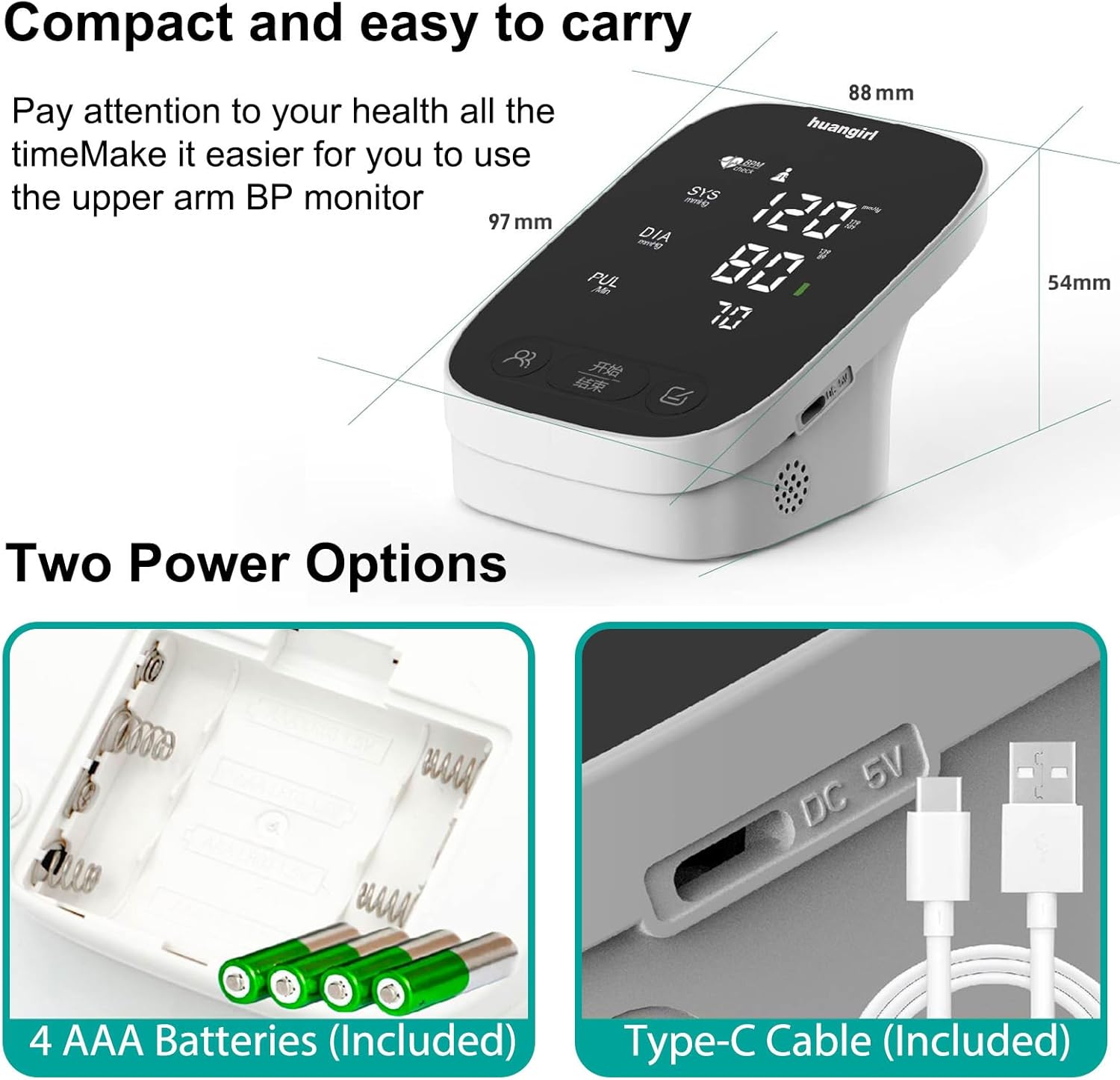 huangirl Upper Arm Blood Pressure Monitor, Blood Pressure Monitors for Home Use, Talking Automatic Blood Pressure Monitor LED Color Screen Large BP Cuff 8.7-17 Inche for 2 Users - Image 5