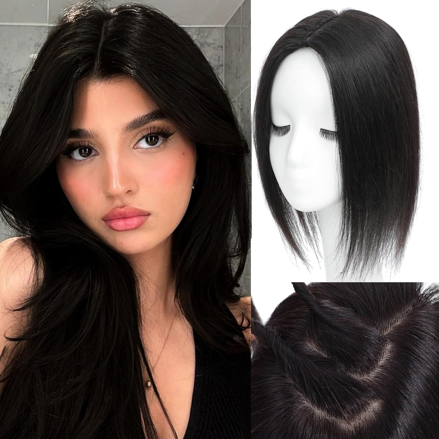 Hair Toppers for Women Real Human Hair, 360° 3D Human Hair Toppers for Women with Thinning Hair Upgrade Middle Part Clip in Bangs Hair Topper Hair Pieces for Women Daily (Black, 14 Inch)