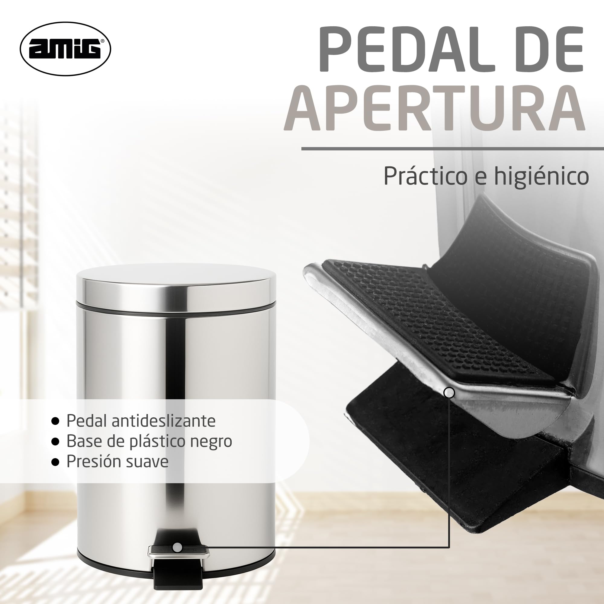 Amig - Cubo de Basura para Baño con Pedal 3 Litros Mod. Linea - Color Inox Pulido - Apertura Higiénica sin Manos - Ø16,8 x 25,5 cm - Acero Inoxidable - Papelera Redonda con Cubo Interior Removible