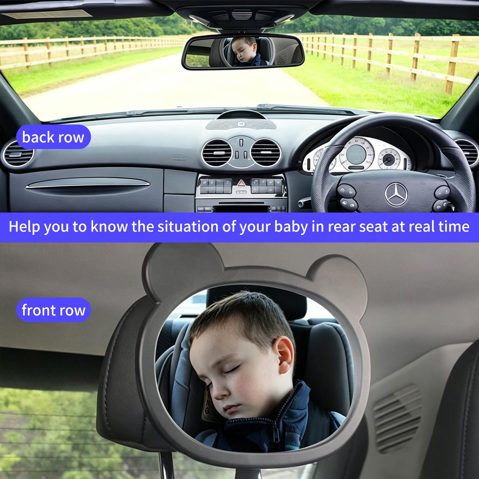 Espejo Coche Bebe, Espejo Coche Bebe Asiento Trasero, Correas Elásticas Ajustables para Silla Trasera de Bebé y Asientos de Niño