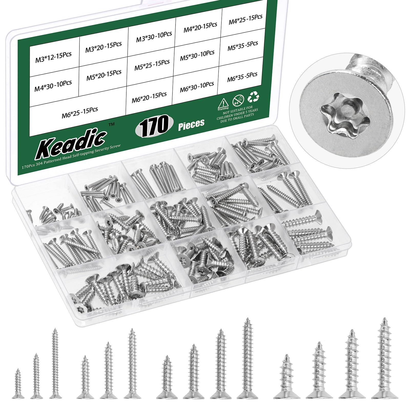 Keadic 170Pcs M4-M6 304 Stainless Steel Flat Countersunk Head Torx Screws, 14 Size Tamper Proof Sheet Metal Screws with Bit T20, Self-Tapping Anti-Theft for Wood, Mechanical Industry (Silver)