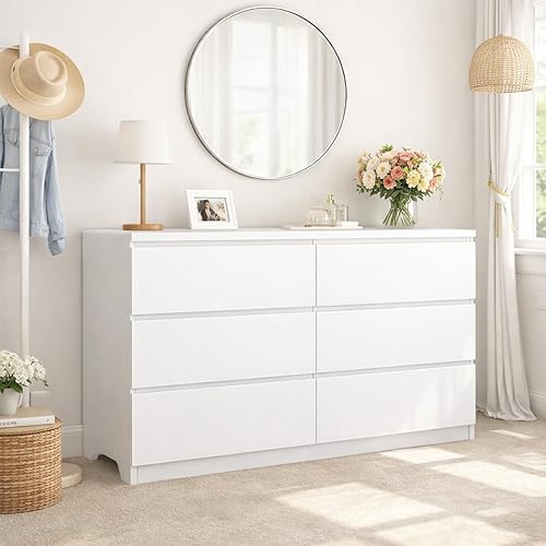 Cómoda blanca con 6 cajones, cómoda ancha de madera para dormitorio, gran torre de almacenamiento blanca, organizador moderno y minimalista para 6
