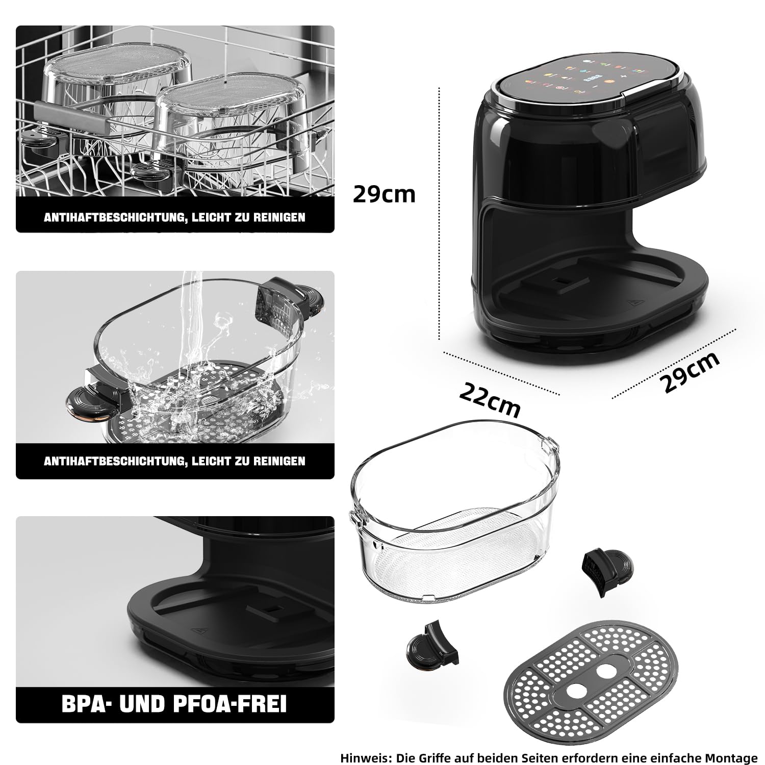 Heißluftfritteuse 5L Rapid AirFryer,9 Kochfunktionen, Max 190°C, Frittierkorb aus Glas,Fritteuse ohne Öl, Spülmaschinenfest, Grillen, Backen, Braten