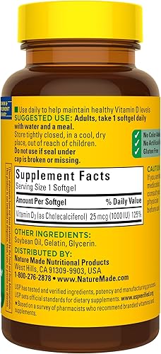 Miniatura 7 de Nature Made Vitamina D3 1000 UI (25 mcg), suplemento dietético para huesos, dientes, músculo e inmunidad, apoyo a la salud de 100 cápsulas blandas,