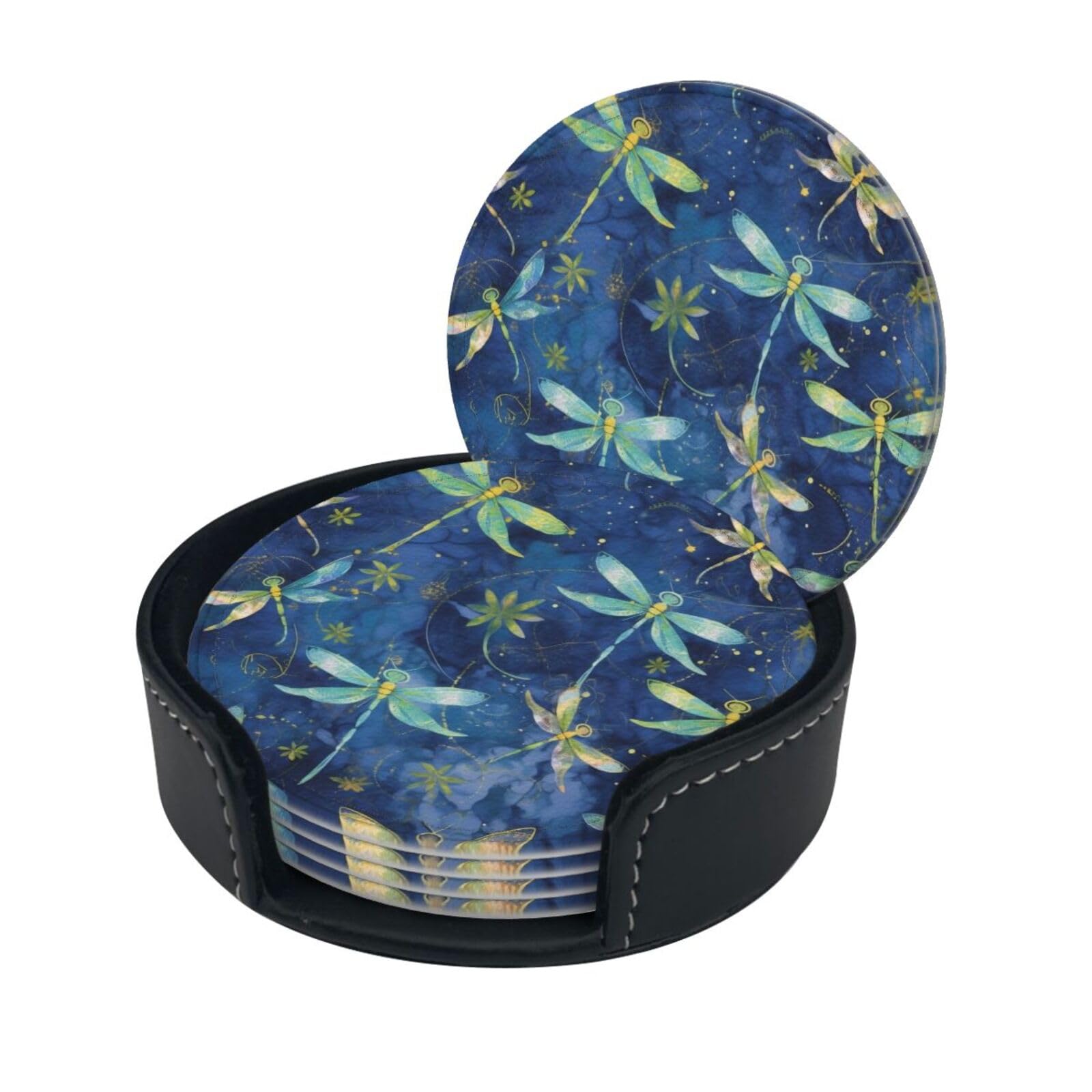 Stylish Coasters - Blue Dragonfly Set of 6 Round Leather Drink Coasters with Holder - Perfect Size for Cups and Glasses