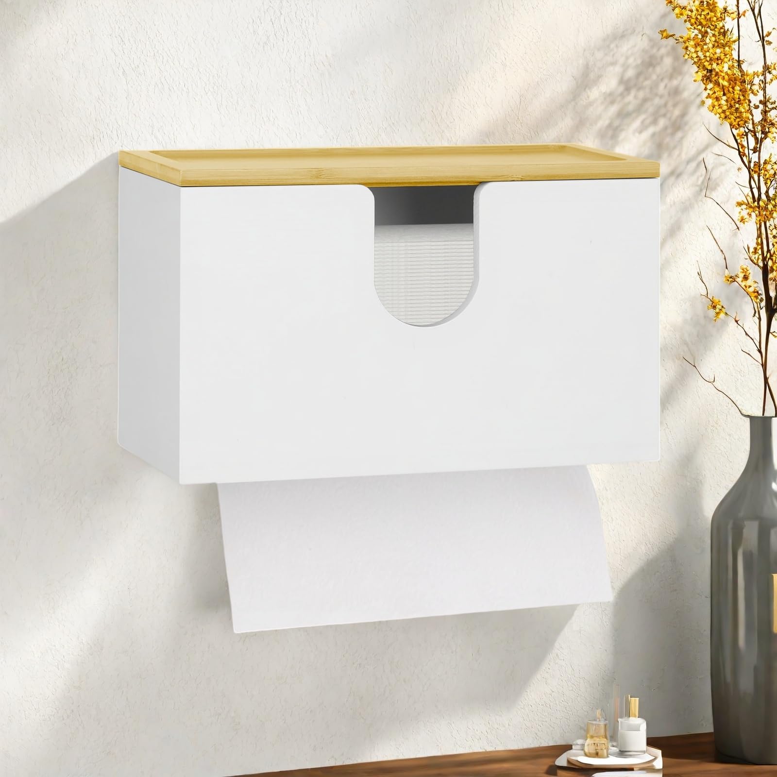 Distributeur de Serviettes en Papier Mural, 27,5 x 16 x 13cm Distributeur Essuie Main Mural en Bambou, Porte Serviette de Table Feuille à Feuille avec Couvercle pour Salon