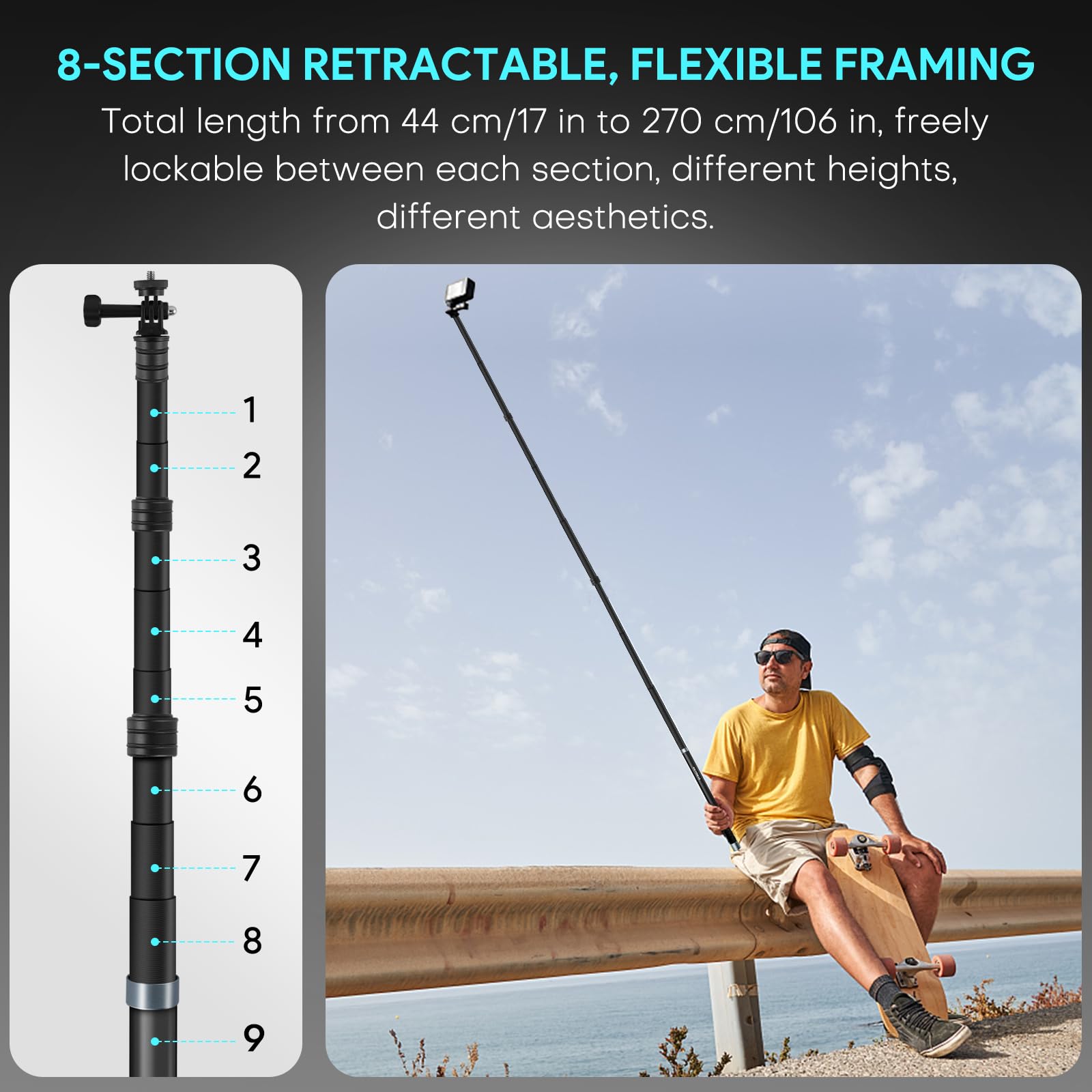 REYGEAK Perche à selfie extensible en fibre de carbone pour Insta360, monopode polaire extensible pour GoPro Max Hero 11 10 9 8, DJI Osmo Action 4/Action 3 et autres caméras (2,7 m/270 cm)