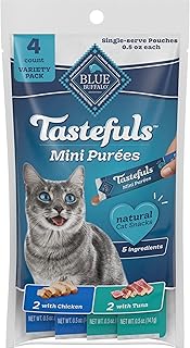 Blue Buffalo Tastefuls Mini Purées Natural Cat Treats, Chicken and Tuna Variety Pack, 0.5 oz. Single Servings, 4-Count