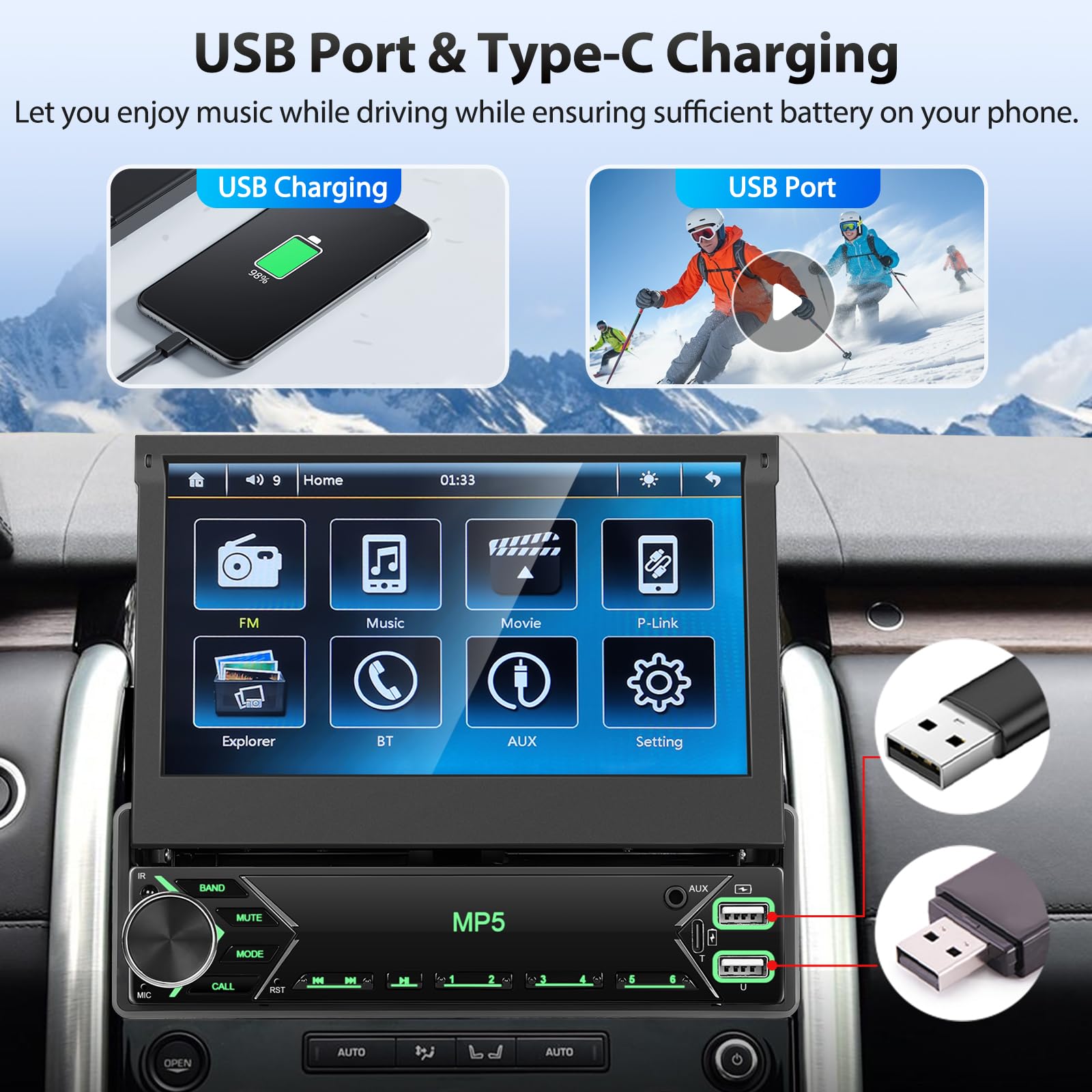 Autoradio Motorsi 7'' con Schermo 1-DIN Bluetooth, Display touch HD retrattile manuale, Singolo DIN Radio, per iPhone e Android, Mirror Link, USB/SWC/radio FM/AUX/TF, Telecamera Posteriore, Microfono