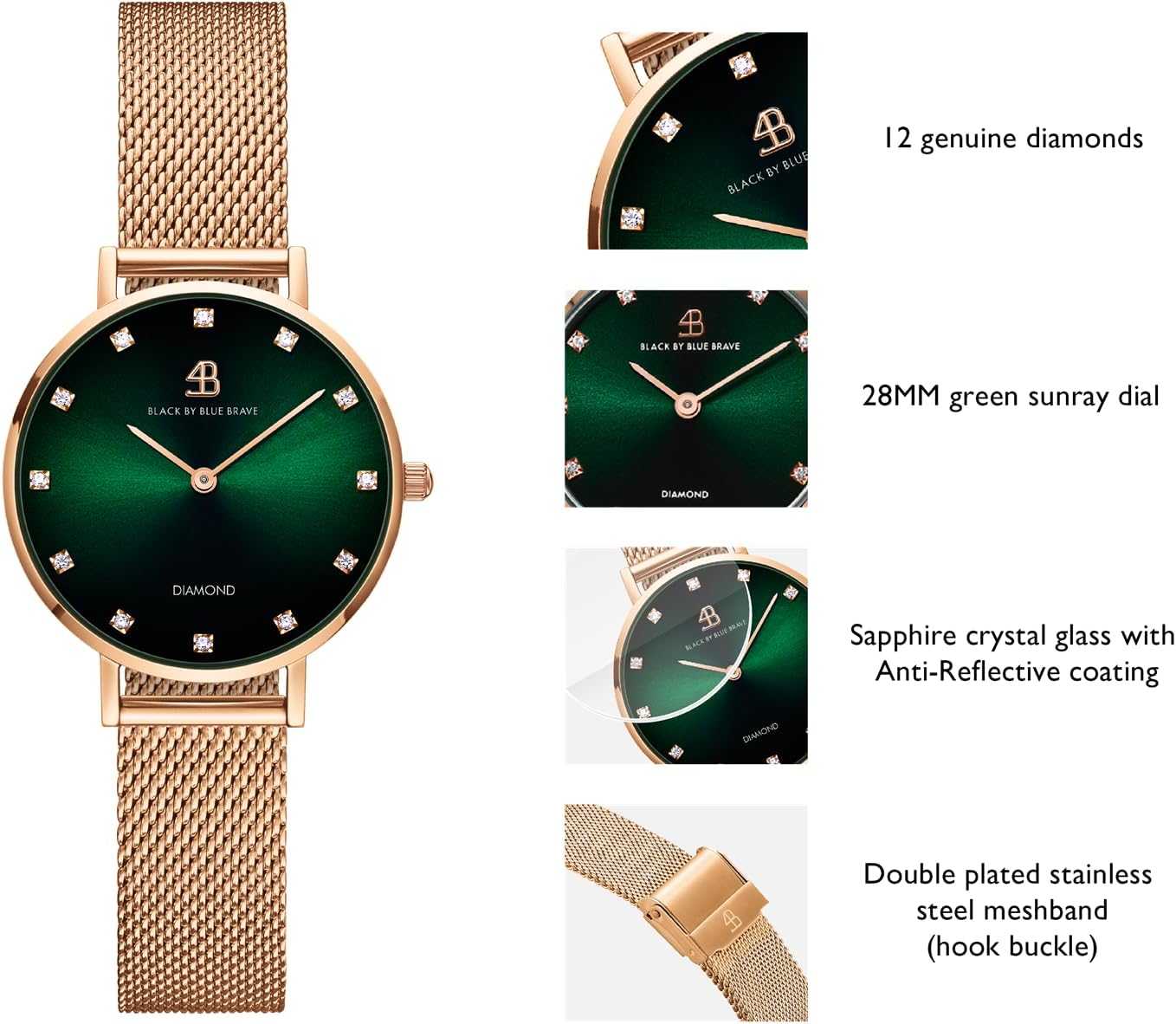 Womens Watch Trendy Green Watches for Women 12 Genuine Diamond Watch Markers 28 mm Watches for Women Green Sunray Dial with Rose Gold Mesh Band Womens - Image 2