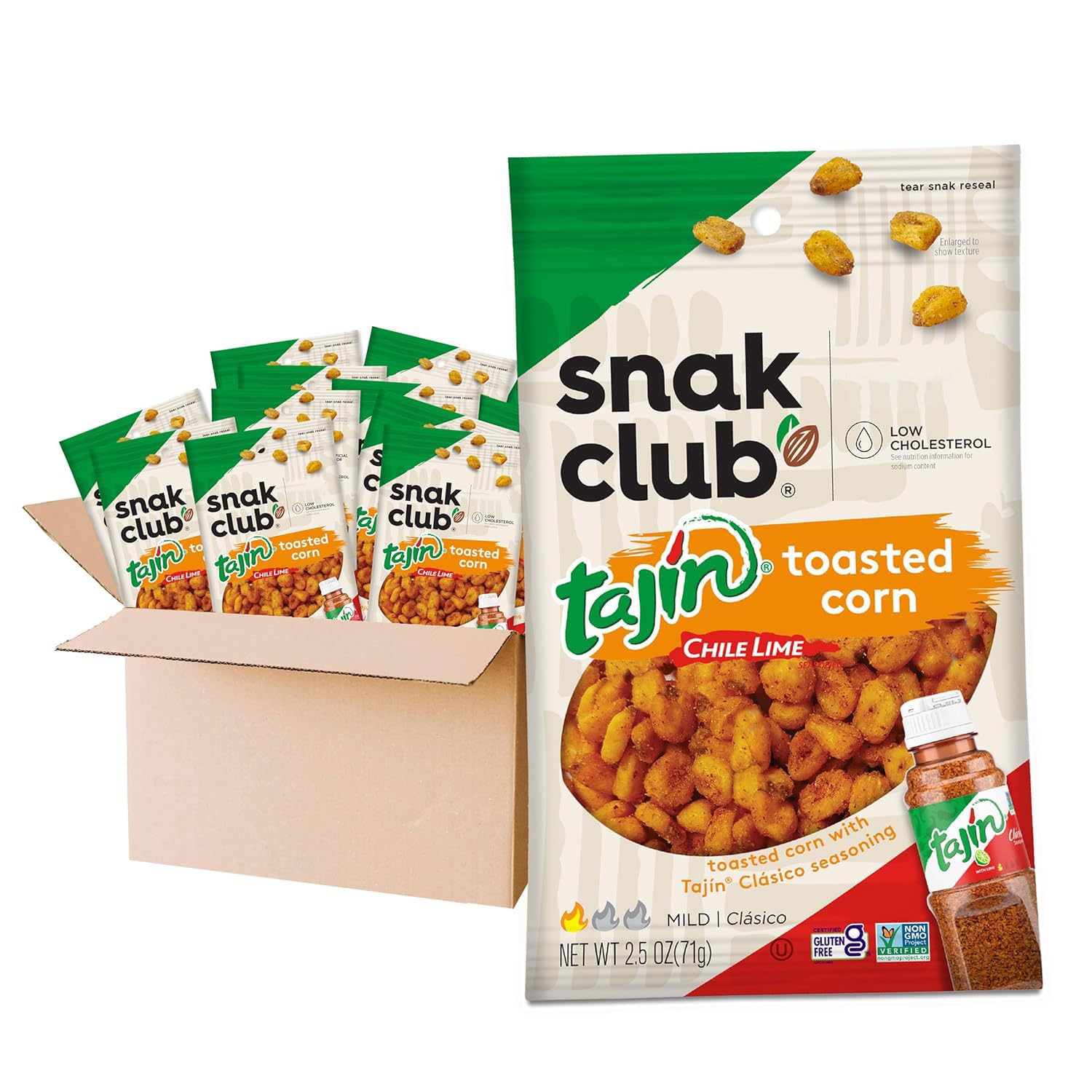 Snak Club Gerösteter Mais, Tajin Clásico Chili & Limettengeschmack, knackige, aromatische, kohlenstoffarme Einzel-Snacks, 75 ml, 12 Stück