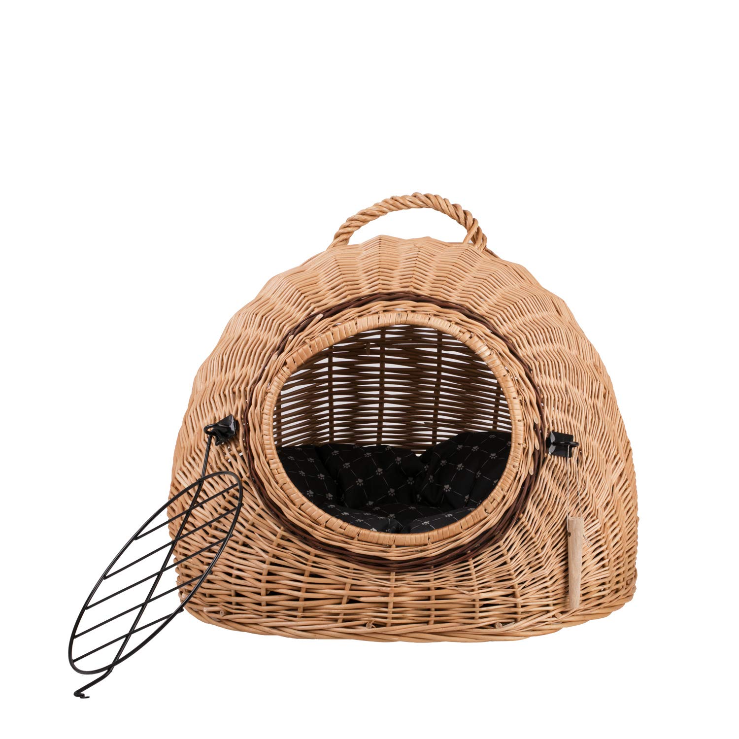 e-wicker24 Transportino Gatto in Vimini Cuccia Gatto Interno Transportino per Gatti con Cuscino Morbido Cesta per Gatto Cesta per Gatti in Vimini Cuccia Igloo Cane (55 x 45 H: 47, naturale_nero)