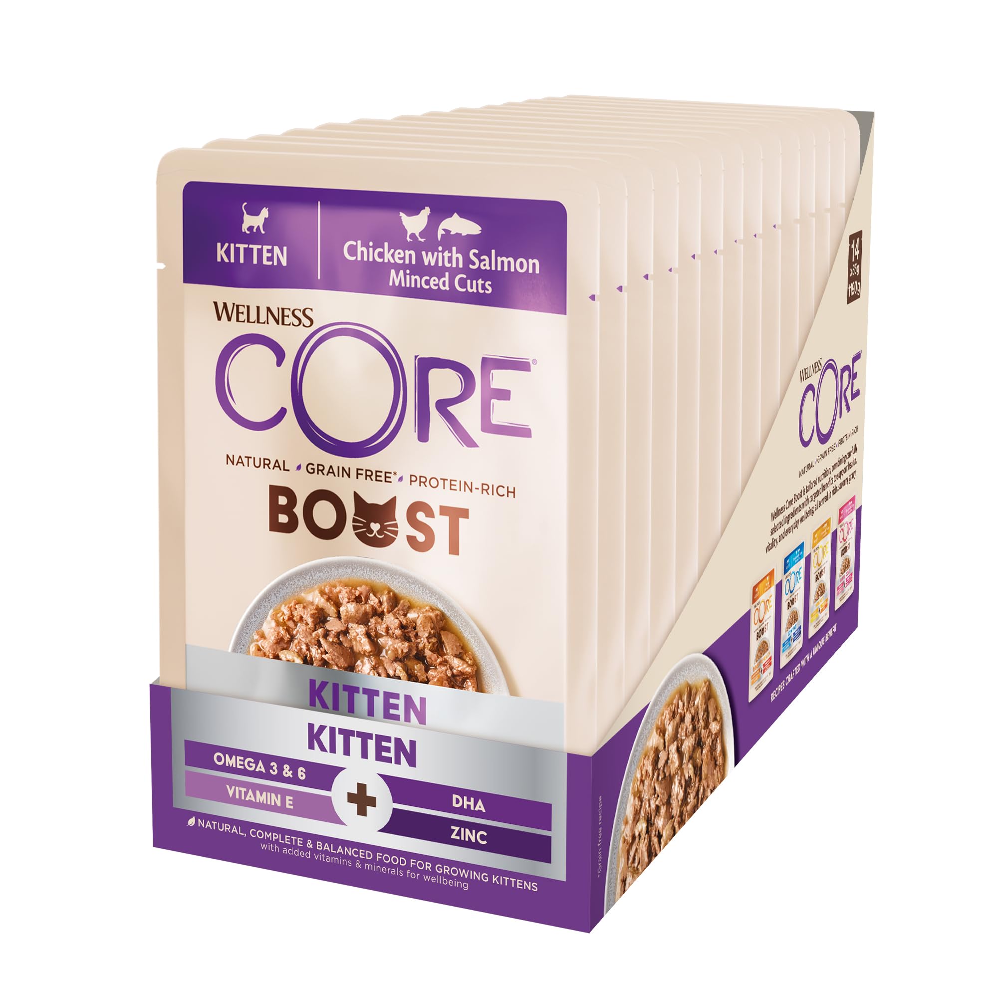 Wellness CORE Boost Kitten 14 x 85g, Chicken & Salmon – Wet Cat Food, Minced Cuts, Grain-Free, Natural, Hypoallergenic, Protein-Rich, High Meat Content, Supports Brain & Eye Development