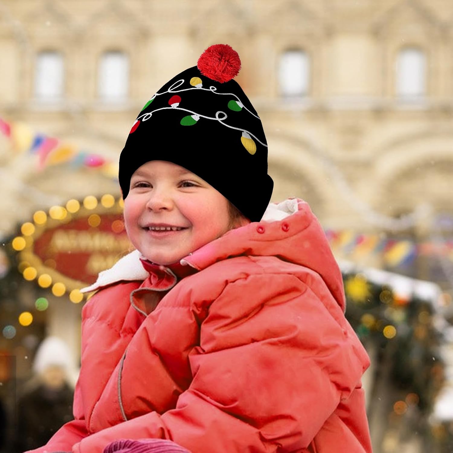 Black Christmas Knit Beanie for Adult Men Women, Xmas Colorful Lights Cuffed Stretchy Woolen Yarn Winter Warm Hat with Pompom, Funny Soft Knitted Crochet Cap - Image 6