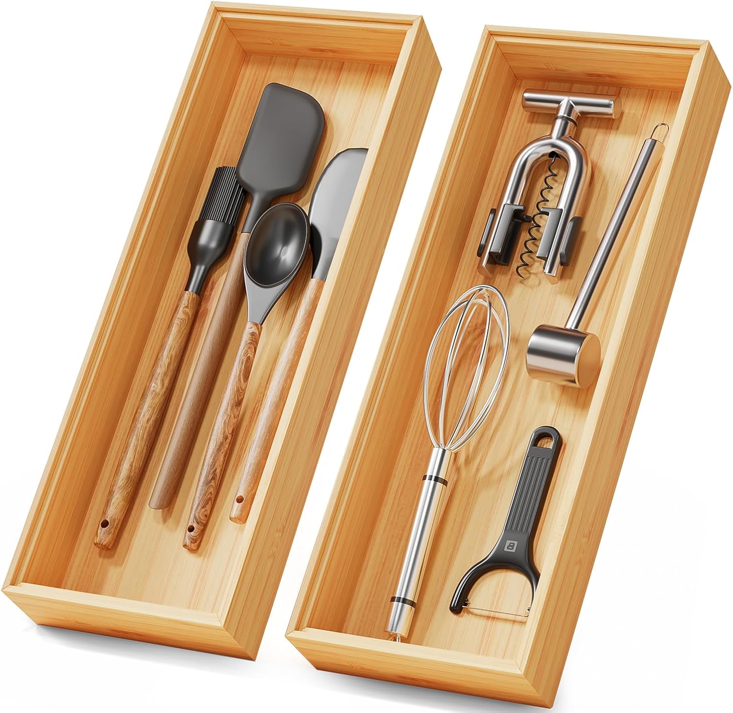 Bamboo Kitchen Drawer Organizer Boxes – 14" x 5" Stackable Wood Silverware Utensil Tray for Drawers, Cutlery & Flatware Storage – Wooden Organizers Set of 2 for Junk Drawer Bins, Bathroom, RV