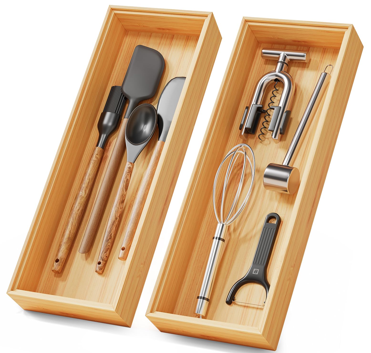 Photo 1 of Bamboo Kitchen Drawer Organizer Boxes – 14" x 5" Stackable Wood Silverware Utensil Tray for Drawers Bins Cutlery & Flatware Storage – Wooden Pantry Organizers Set of 2 for Junk Drawer Bathroom Rv