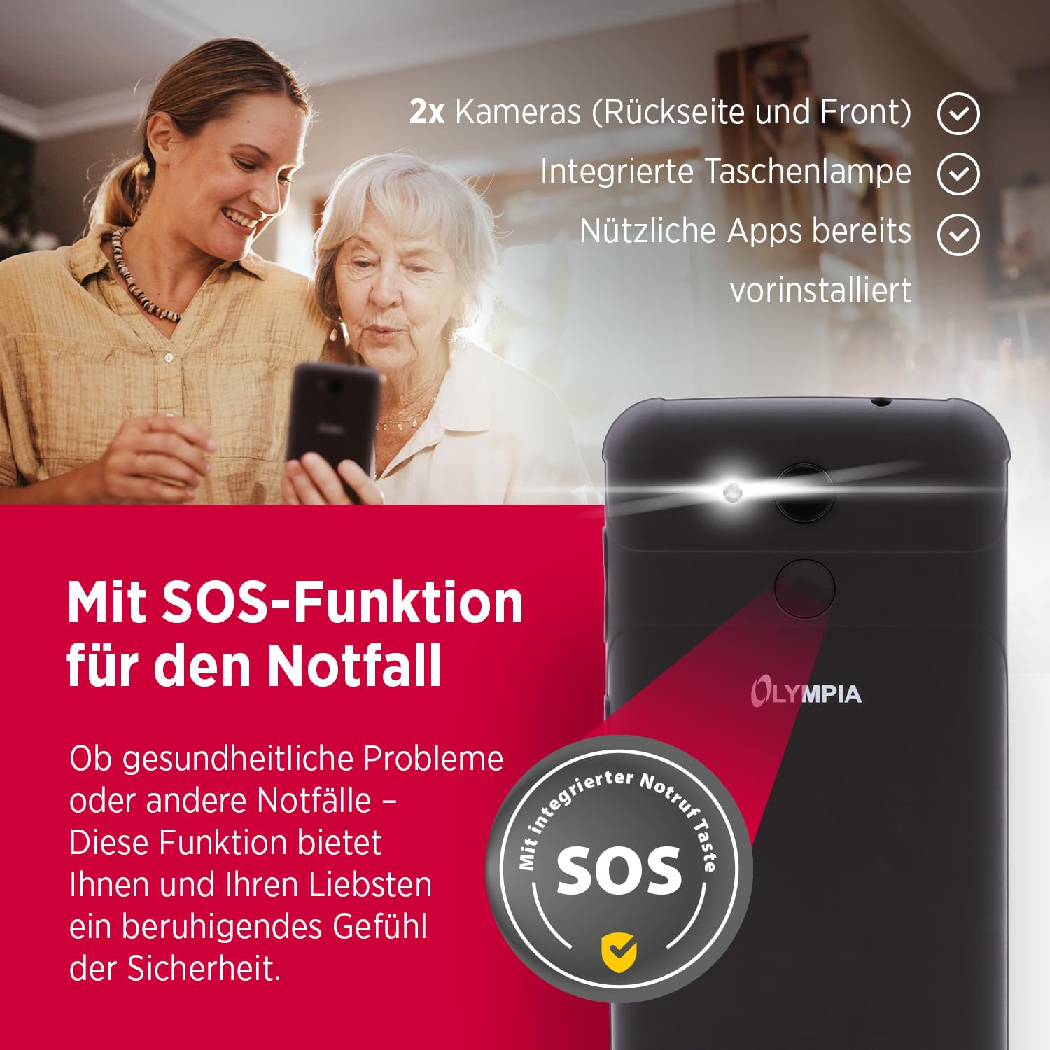Olympia NEO Mini+ Seniorenhandy | 5" Senioren Smartphone mit Notruftaste & großen Icons | Extra einfache Bedienung | Übersichtliche Menüführung | Senioren mit Whatsapp | Android 15 | 4G LTE Dual SIM