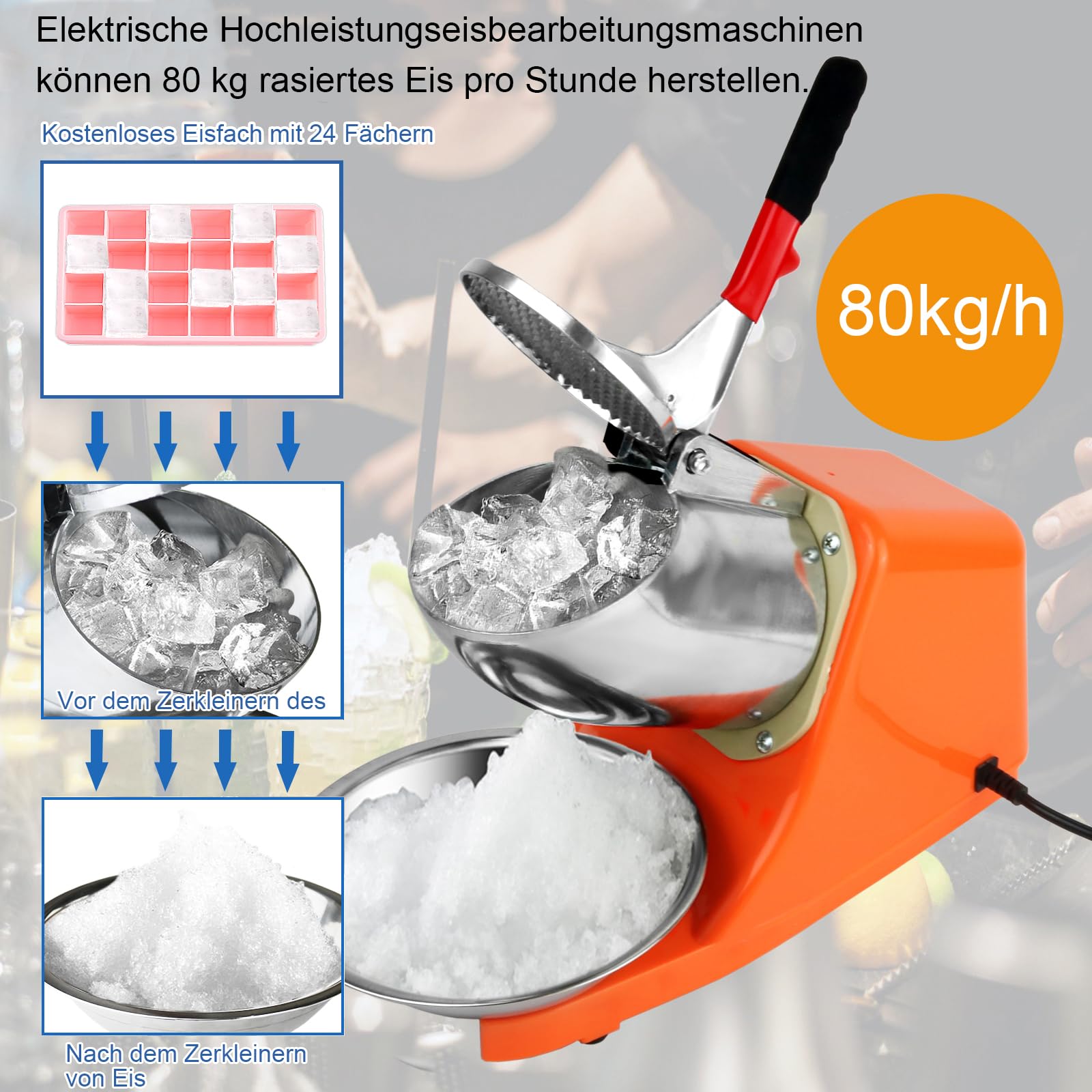 Picadora de hielo eléctrica, 300 W, 65 kg/h, doble cuchilla, picadora de hielo, batidora de hielo, máquina para restaurantes, bares, fiestas (naranja)