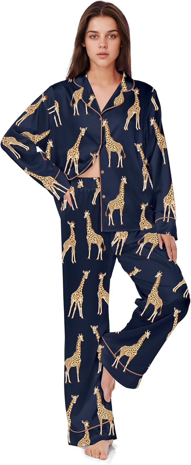 SHESHOW Satin Pajamas Set for Women Set Long Sleeve Button Down Pjs Sets 2 Piece Loungewear Animal Sleepwear XS-XXL - Image 6