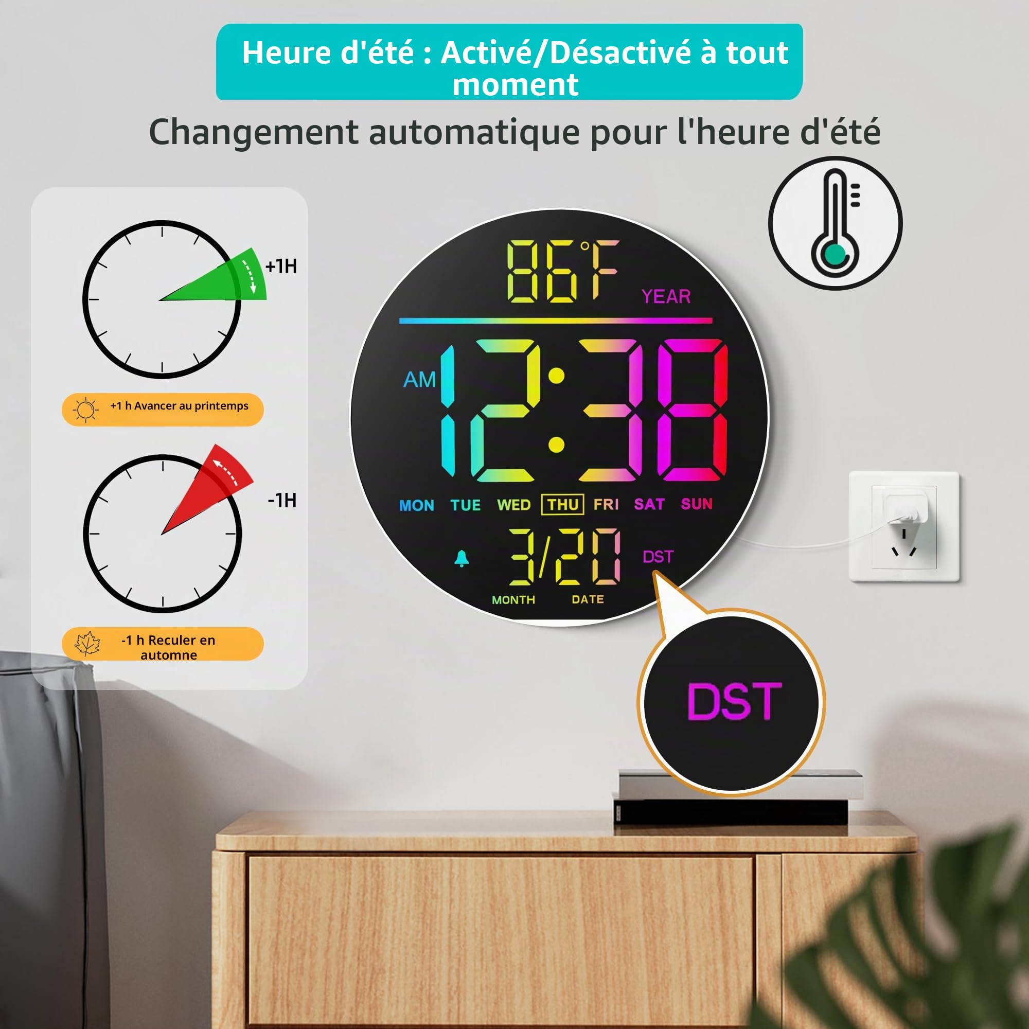 Maxstar 10" Horloge Murale Ronde Digitale avec Télécommande - Affichage Numérique LED - Grand Écran LED RGB, Luminosité Auto, Thermomètre, Alarme - Décor Salon/Chambre/Cuisine - Noir