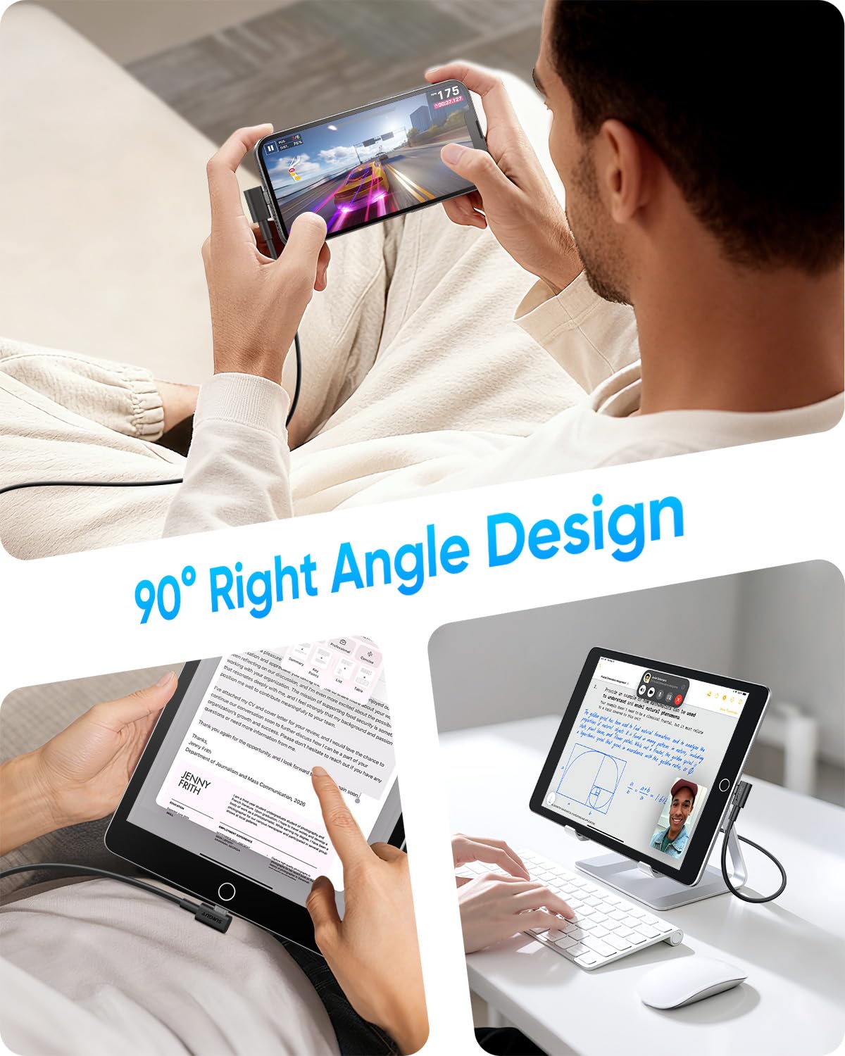 SUNGUY Cavo USB-Light-ning 90 gradi, [2 pezzi da 0,3 m] Cavo di ricarica Light-ning CarPlay corto certificato MFi con connettore ad angolo retto, compatibile con iPhone serie11-14 /iPad/iPod