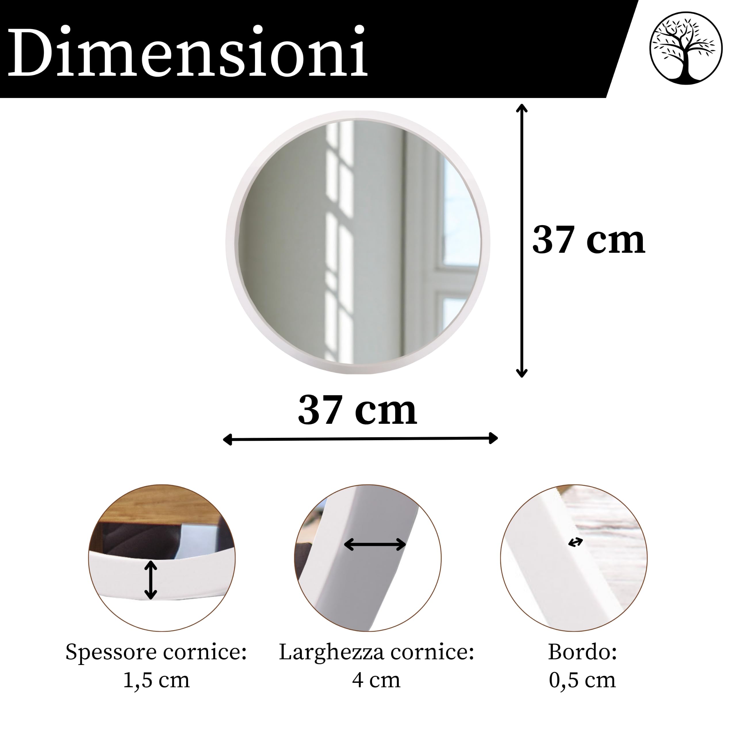 Specchio piccolo rotondo legno bianco | Legno massello, Montaggio facile, Prodotto nell'UE, Vetro a specchio da 4 mm, Gancio in metallo sicuro, Facile da pulire