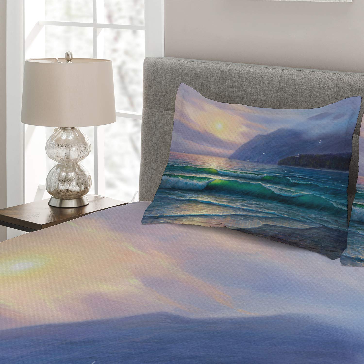Ambesonne Nature Coverlet, Ocean Waves in The Morning an Sun Sky Above Mountain Foggy Horizon Surreal Scenery, 3 Piece Decorative Quilted Bedspread Set with 2 Pillow Shams, Queen Size, Lilac Teal