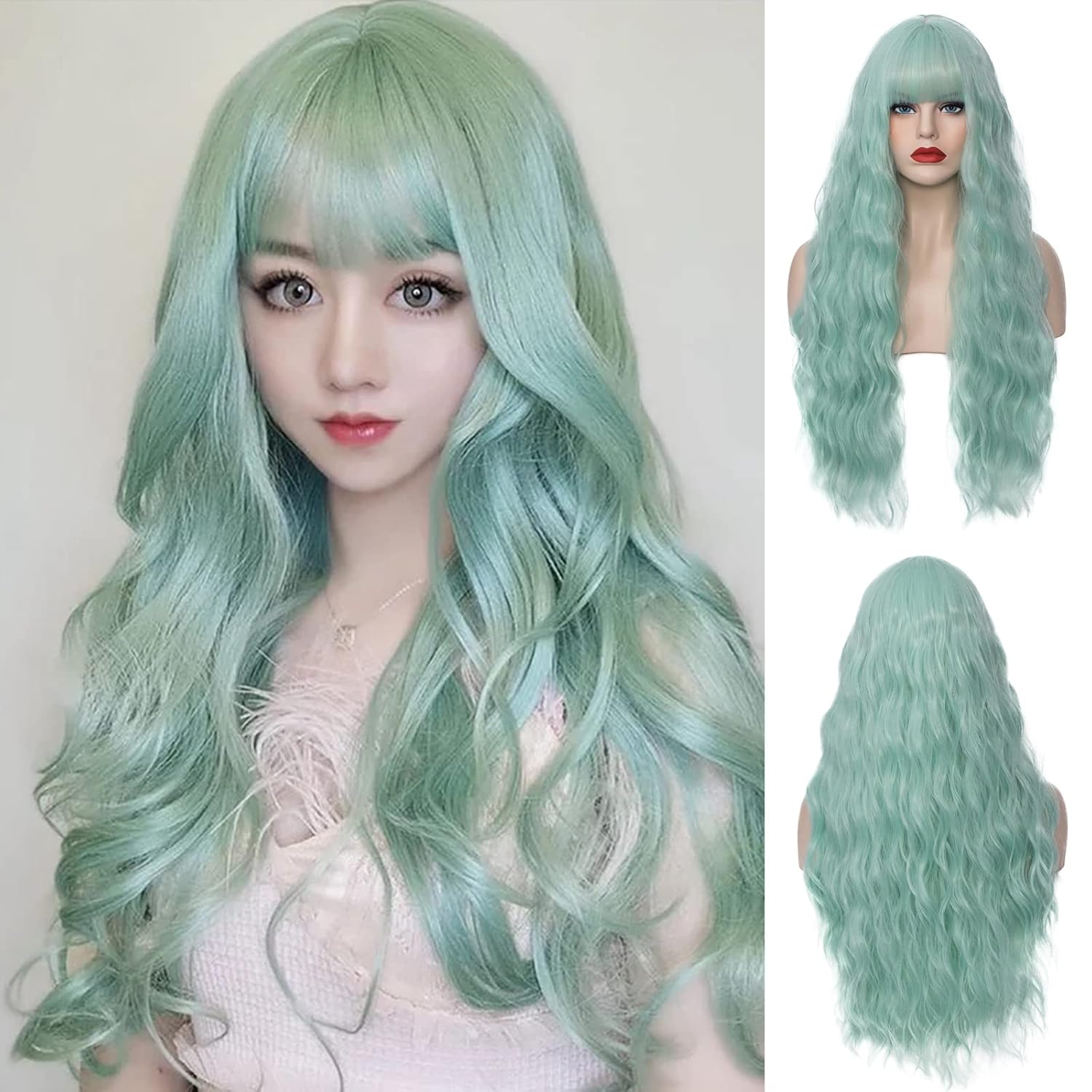 Women's Bangs Mint Green Wig 27 Inches Long Curly Wavy Hair Wig Heat Resistant Fibers Synthetic Wig For Women Girl Cosplay Party Halloween Wig Cap Included (Bangs Mint Green)
