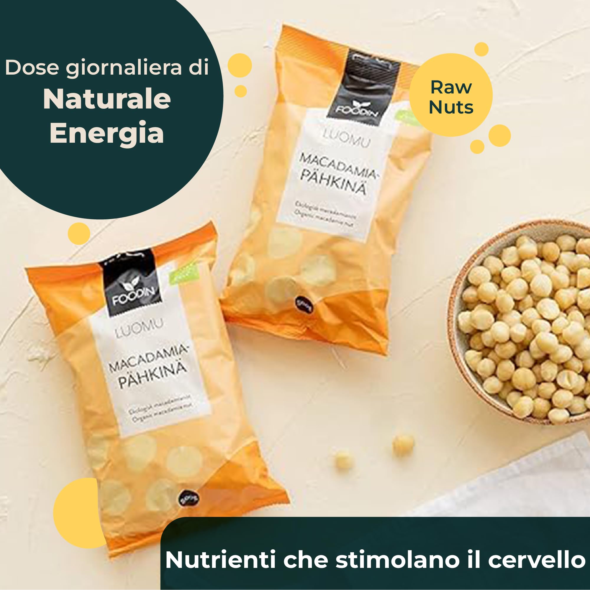 FOODIN Noci di Macadamia Biologiche 1kg – Frutta secca cruda e naturale, senza glutine e vegana. Ricche di grassi insaturi, ideali come snack o per ricette dolci e salate (2x500g)