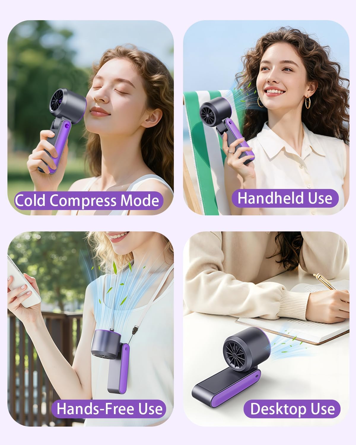 Portable Handheld Fan with Intelligent Refrigeration Piece, Led Display, 100-Speed Stepless Adjustment, Foldable Rechargeable Personal Fan for Outdoor Travel Beach, Gray Purple