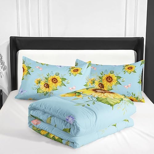 Miniatura 7 de Juego de edredón azul girasol tamaño individualmatrimonial para mujeres adultas, juego de ropa de cama floral de mariposa de 3 piezas, edredones de
