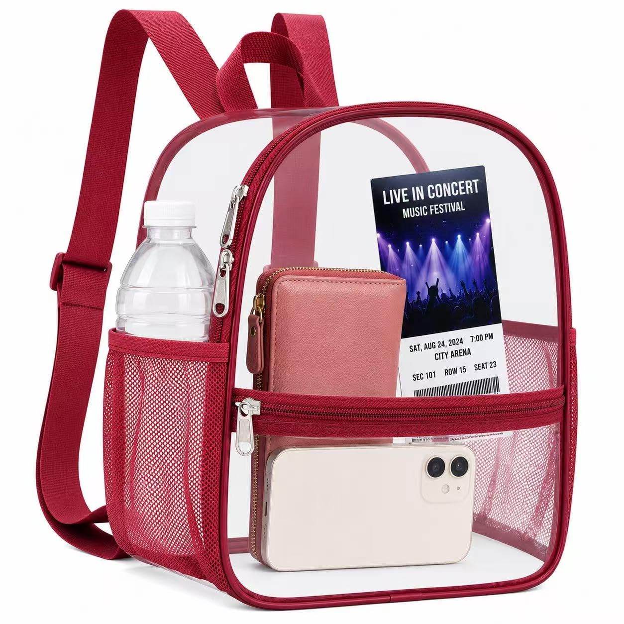 Oraben Clear Backpack for Stadium Events Sports Fan Backpack Stadium Bag | 12x6x11 in,Heavy Duty PVC Mini Small Clear Bag for Concerts, Sports,Work,Side Water Bottle Pocket