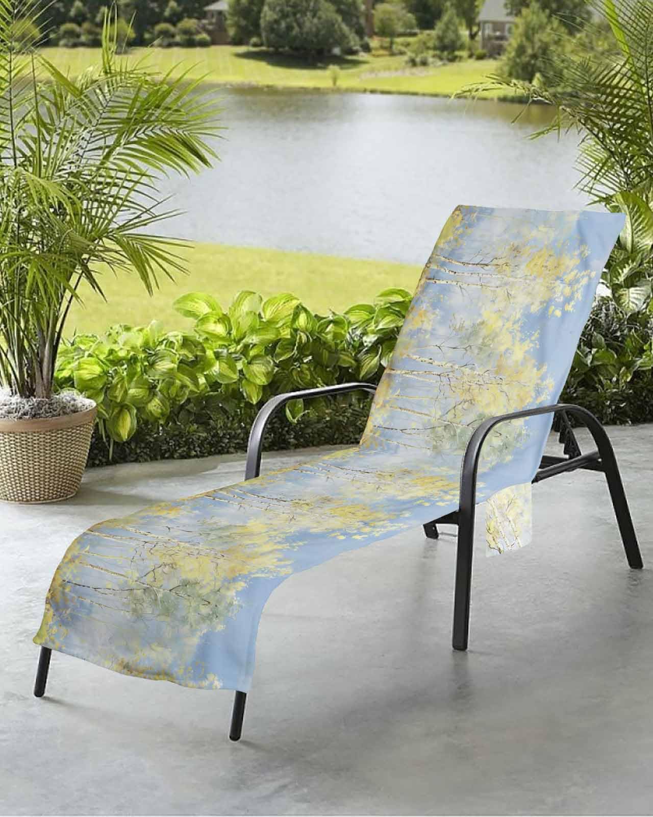 Beach Pool Patio Lounge Chaise Chair Cover Towel with Pockets,Modern Abstract Tree Absorbent & Quick Dry Microfiber Towel Cover Bag Summer Travel Accessories Yellow Blue Minimalist Nature Painting