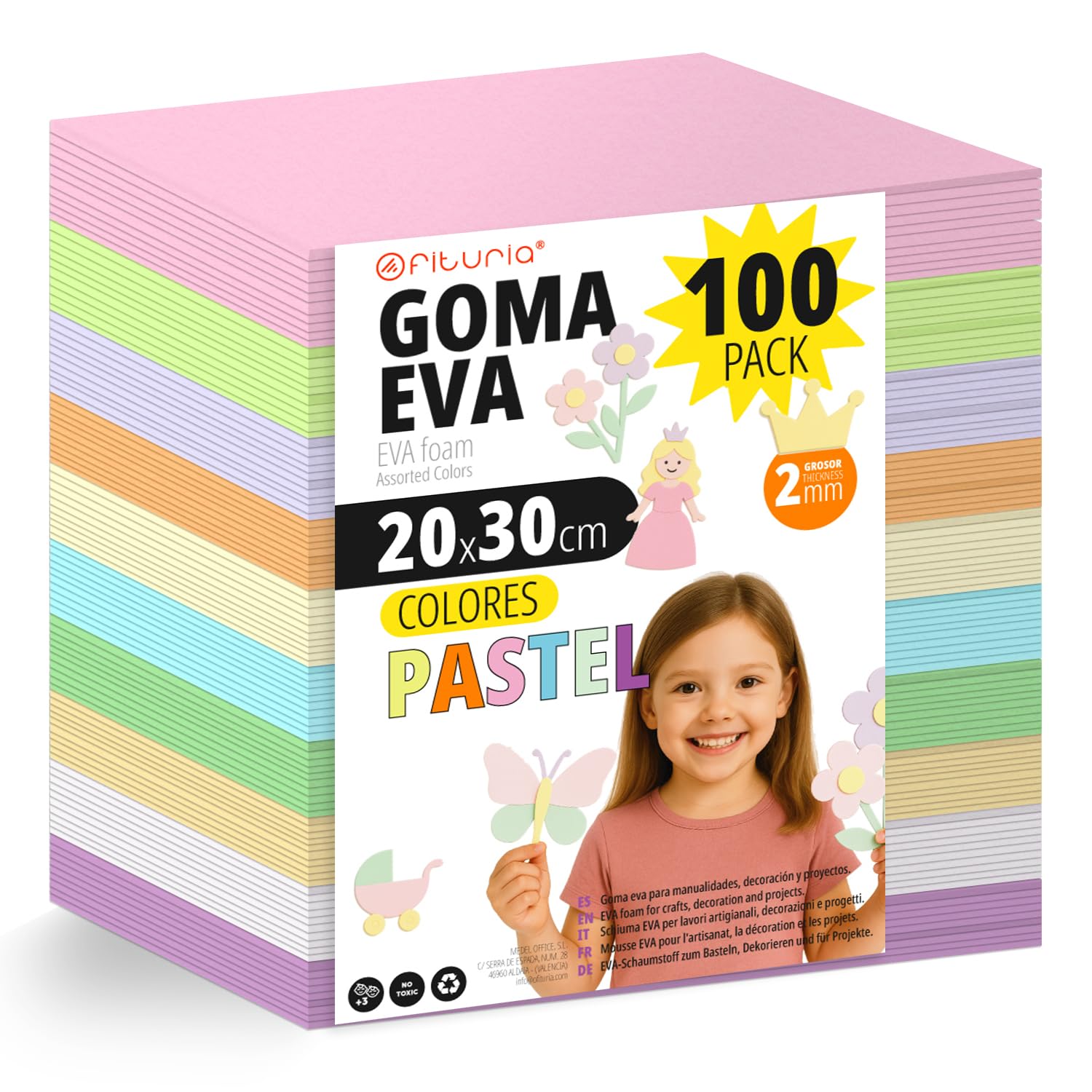 OFITURIA Pack of 100 Pastel EVA Rubber Sheets 20 x 30 cm 10 Assorted Colours for School or Professional Use, EVA Rubber (Pastel Assortment)