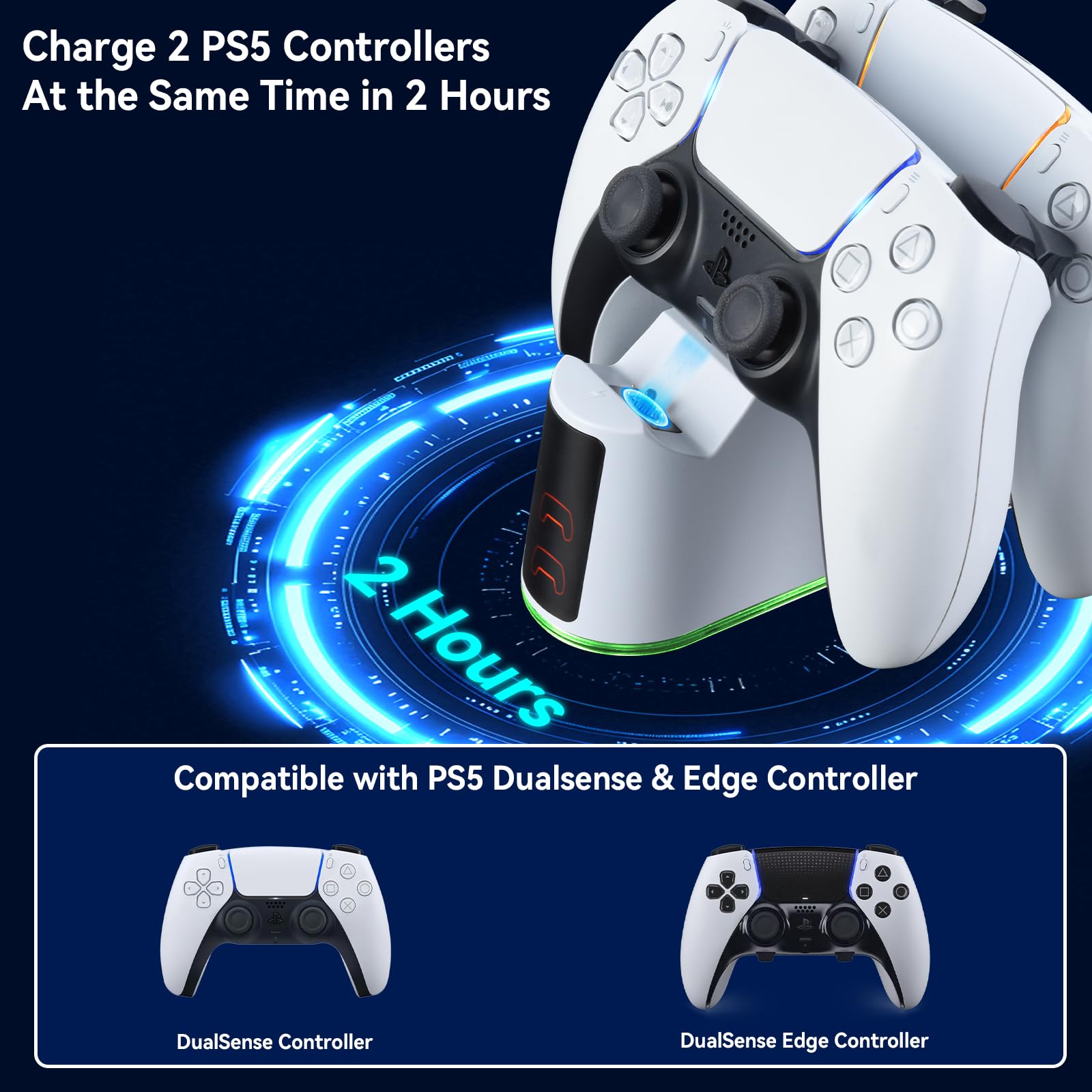 ELUTENG Stacja ładująca do kontrolera PS5 DualSense i Edge, RGB, akcesoria ze wskaźnikiem LED, ładowarka do kontrolera PlayStation 5 z 2-godzinnym czasem ładowania