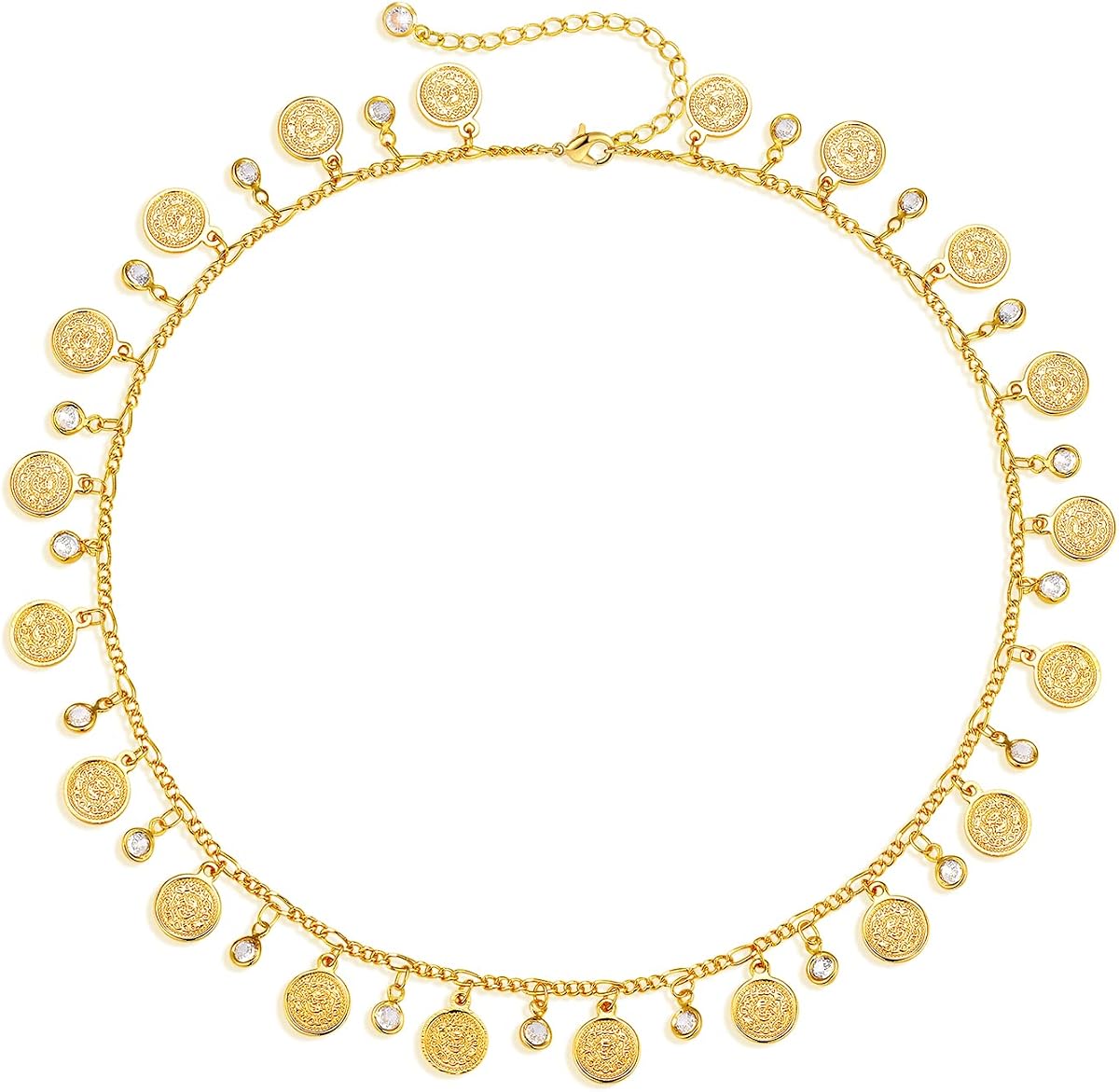 MEVECCO Coin Fringe Choker Necklace for Women, Textured Charms | 14K Gold Plated Brass, Alternating Textured Coin Charms And Bezel-Set Cubic Zirconia Drops, All-Around Fringe Movement