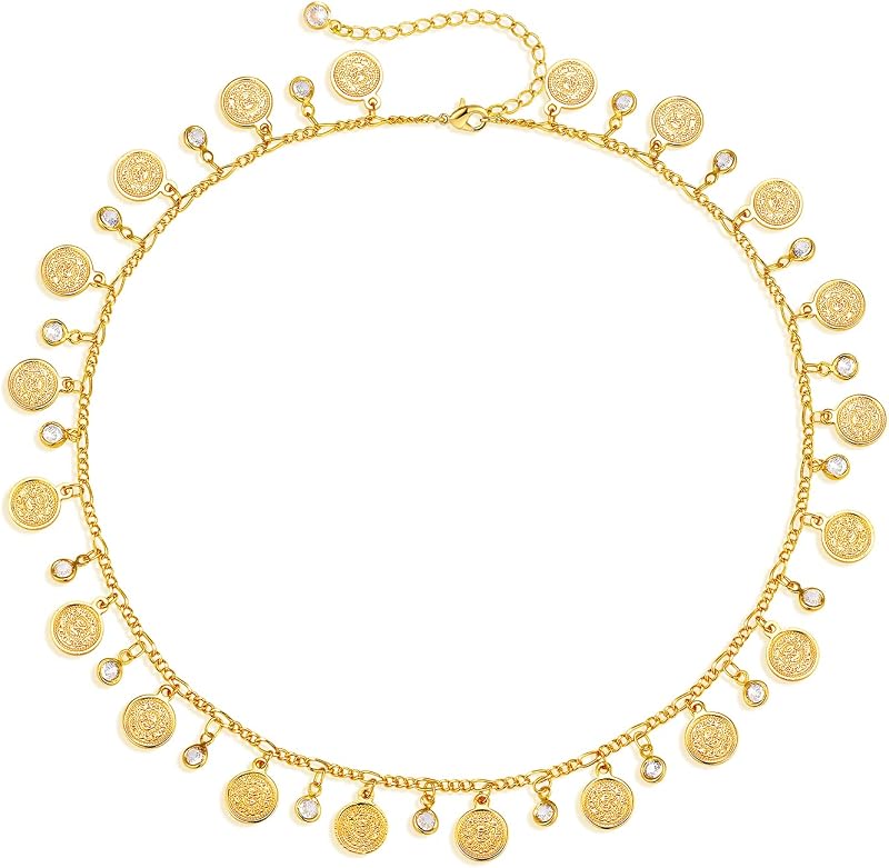 MEVECCO Coin Fringe Choker Necklace for Women, Textured Charms | 14K Gold Plated Brass, Alternating Textured Coin Charms And Bezel-Set Cubic Zirconia Drops, All-Around Fringe Movement