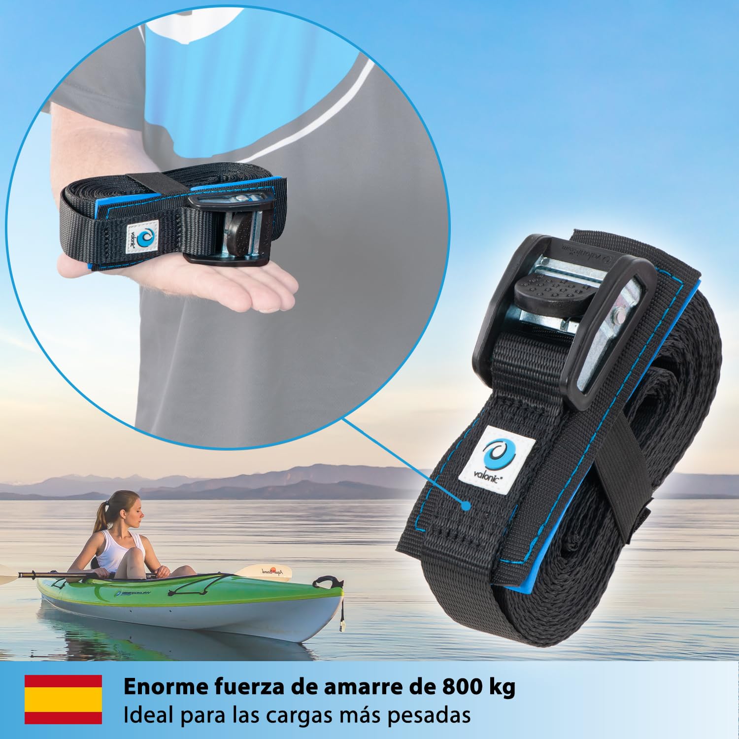 valonic Dolphin - 2X 6m XL cincha de Amarre con Cierre de apriete, 35mm, 800 Kg, Acolchada, EN-12195-2 - Negro, Correa de Amarre para Tabla de Paddle Surf o Kayak