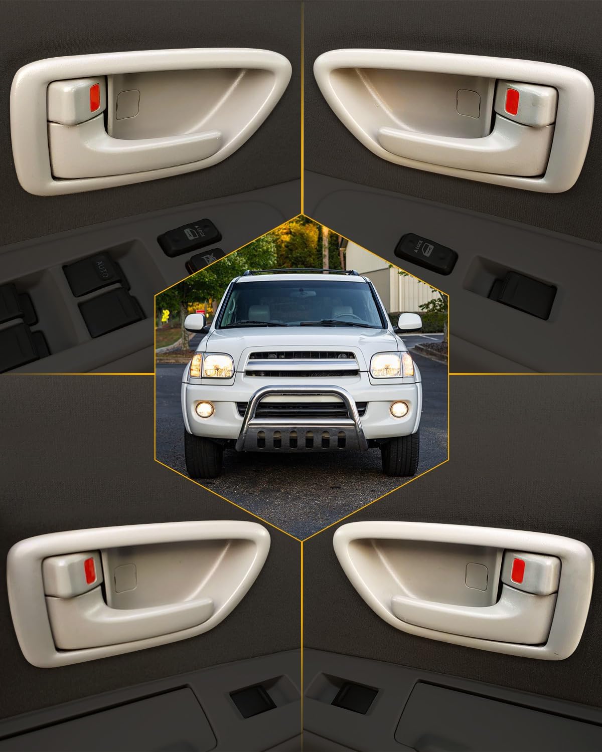 Interior Door Handles Set W/ Bezel (4Pcs), Compatible with 2000-2007 Toyota Avalon Sequoia Tundra（Crew Cabs), Beige, Front & Rear Inside Left Driver & Right Passenger | 69206-0C030-E1,69205-0C030-E1
