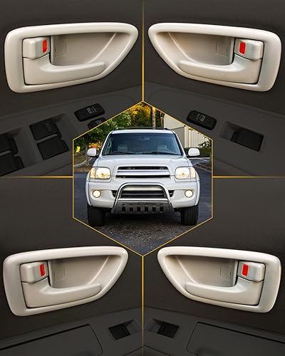Miniatura 8 de Juego de manijas de puerta interior con bisel (4 unidades), compatible con Toyota Avalon Sequoia Tundra 2000-2007 (Crew Cabs), beige, delantero y