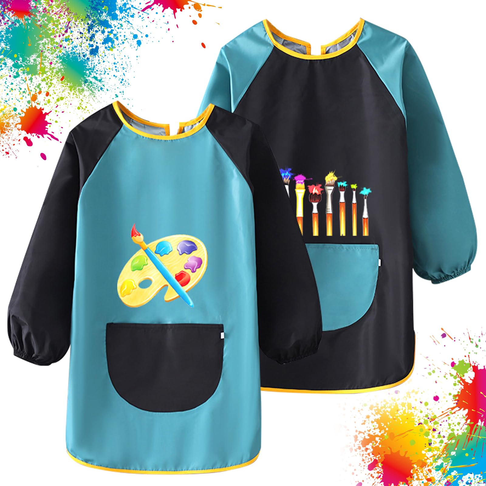 VMUTGA 2 Pezzi Grembiule Pittura Bambini, Grembiule Scuola Elementare Bambino 6-12 Anni Grembiulino Impermeabile Maniche Lunghe con Tasche per Ragazzi Ragazza Dipingere Artigianato Cucina Asilo Scuola