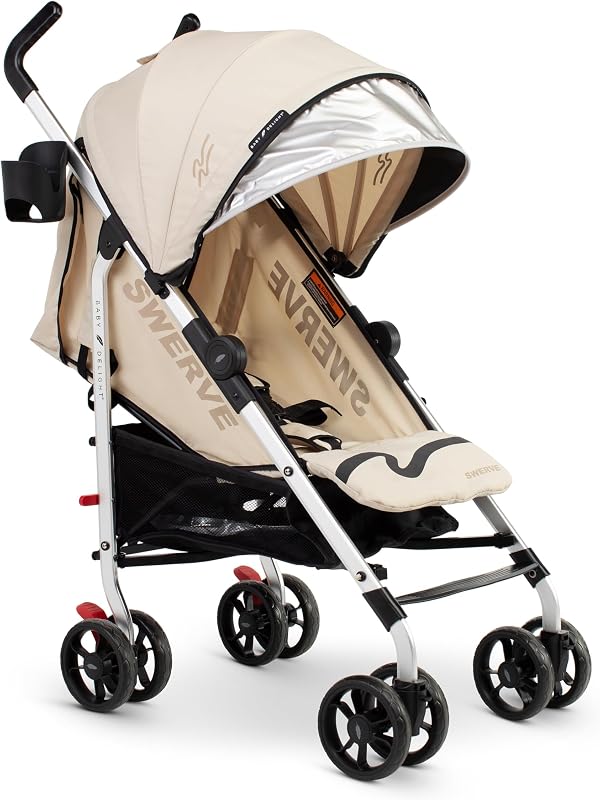 Lightweight Swerve Stroller, Tan | For Travel & Everyday, Multi-Position Recline, 5 Point Safety Harness, Removable Canopy, Compact Fold, Extra Storage
