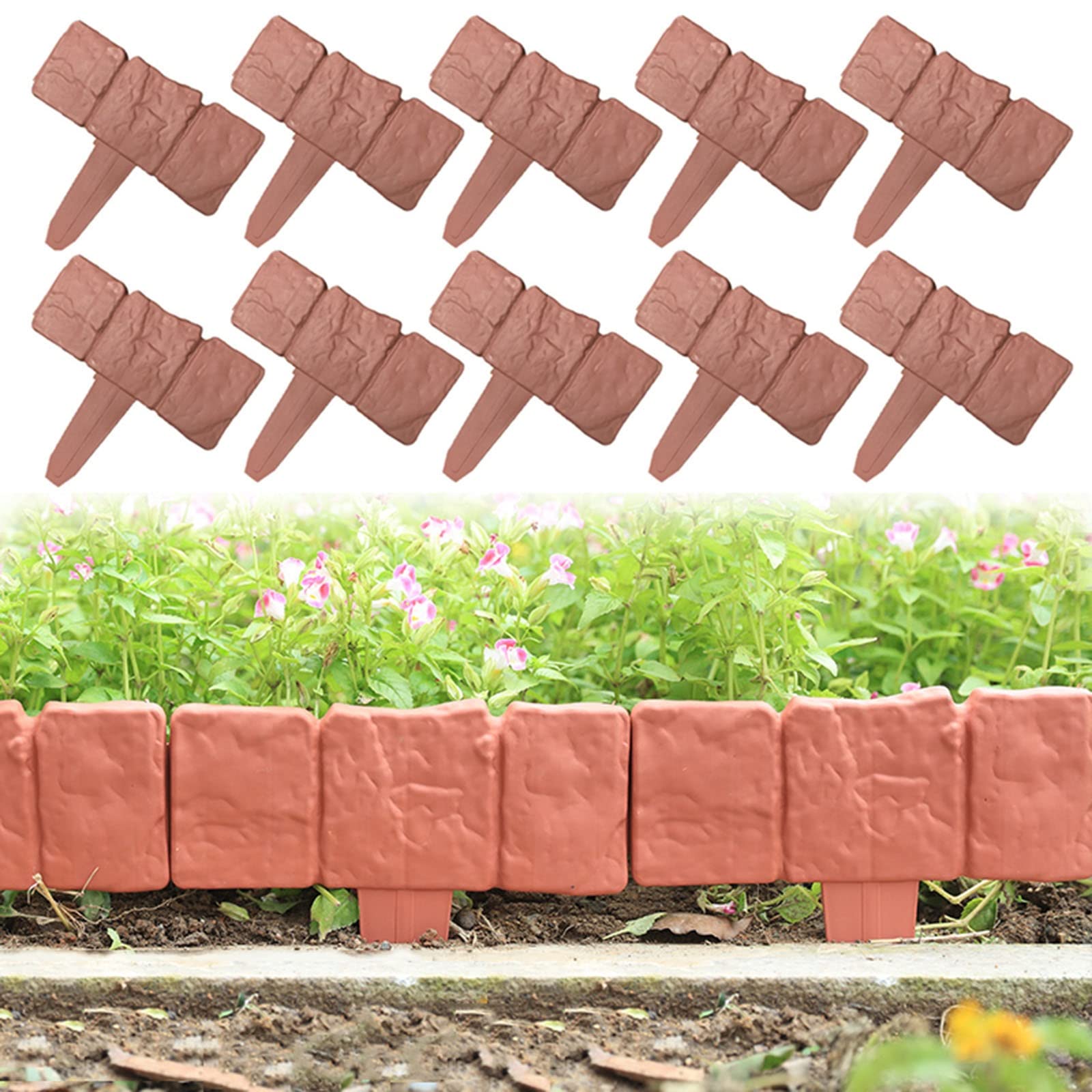 SYLJ Lawn Edging Palisade Cobbled Stone Effect Garden Edging Plastic Hammer-In Border Fencing, For Border Edges,Flowers,Beds And Paths, Pack Of 20, Grey, Brick Red (Color : Brick red)