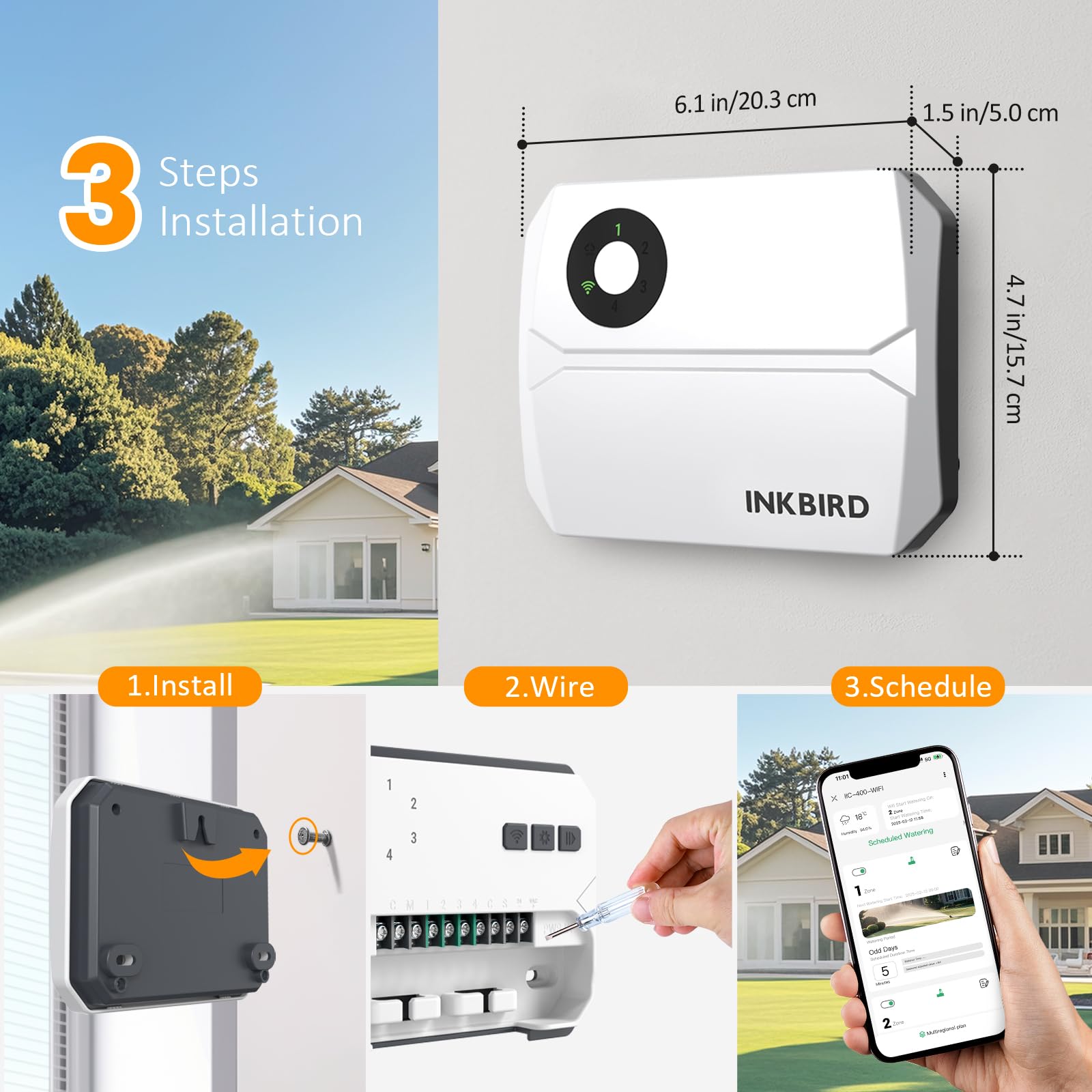 Inkbird IIC-400 Programador Riego Wifi 4 Zonas,Riego Automatico para Jardín,Temporizador de Riego Wifi,Memoria no Volátil Integrada,APP Control,Sensor de Lluvia Compatible,Ajuste Estacional
